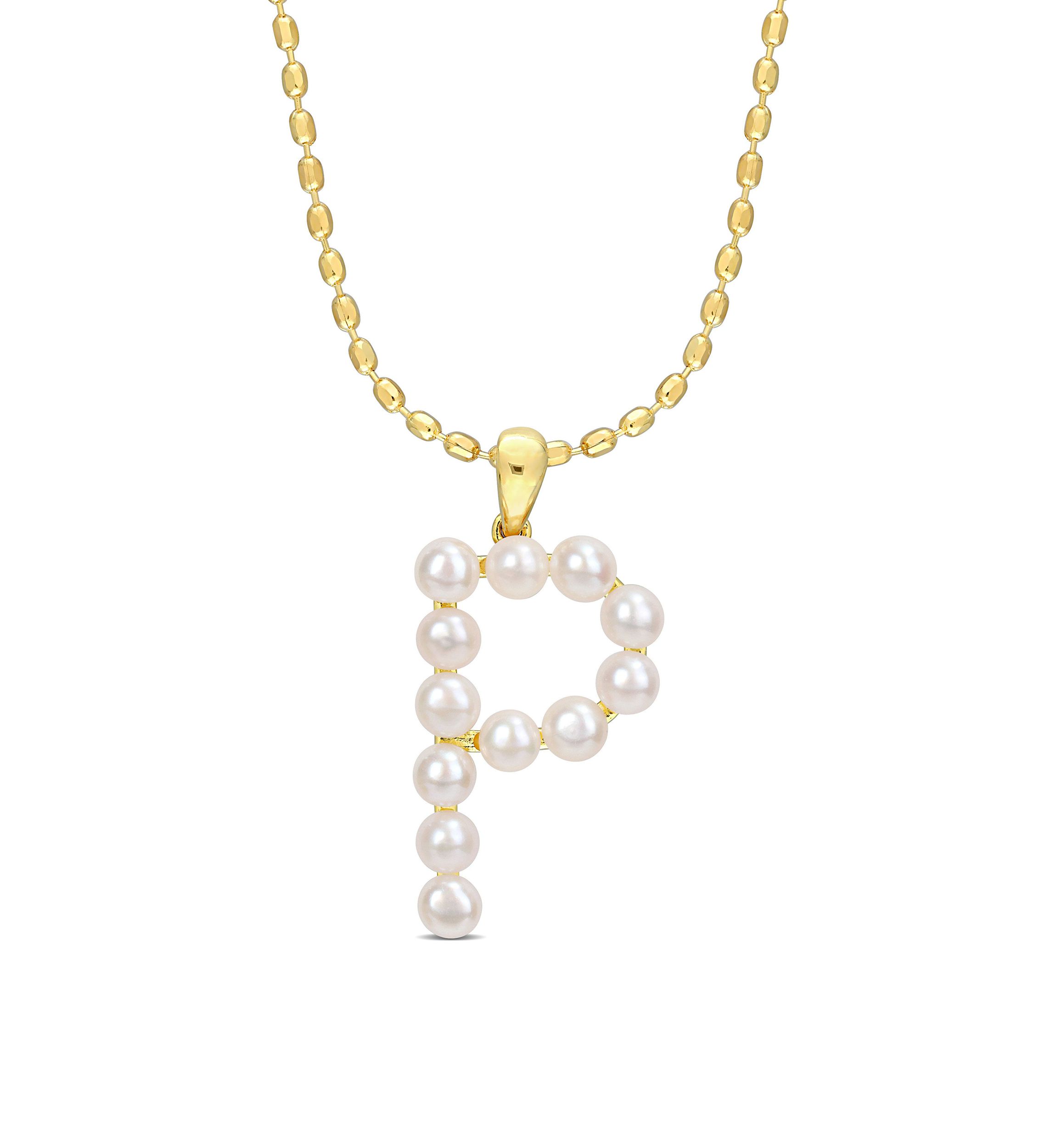 3.5-4mm Freshwater Cultured Pearl "E" Initial Pendant with Chain in Yellow Plated Sterling Silver
