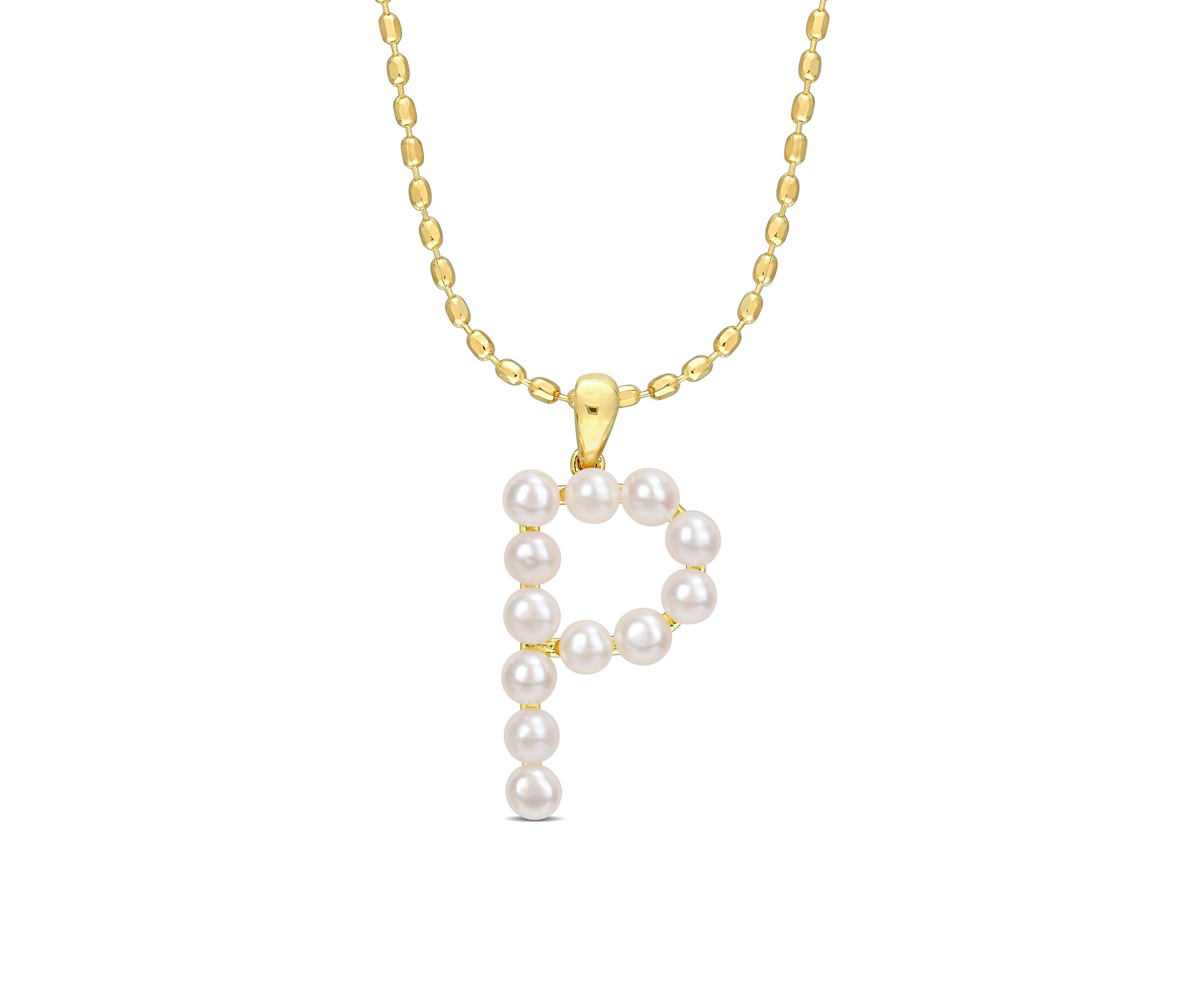 3.5-4mm Freshwater Cultured Pearl "E" Initial Pendant with Chain in Yellow Plated Sterling Silver