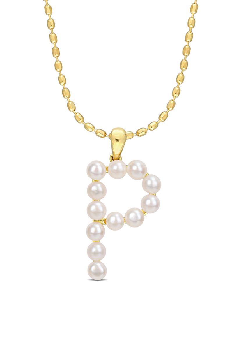 3.5-4mm Freshwater Cultured Pearl "E" Initial Pendant with Chain in Yellow Plated Sterling Silver