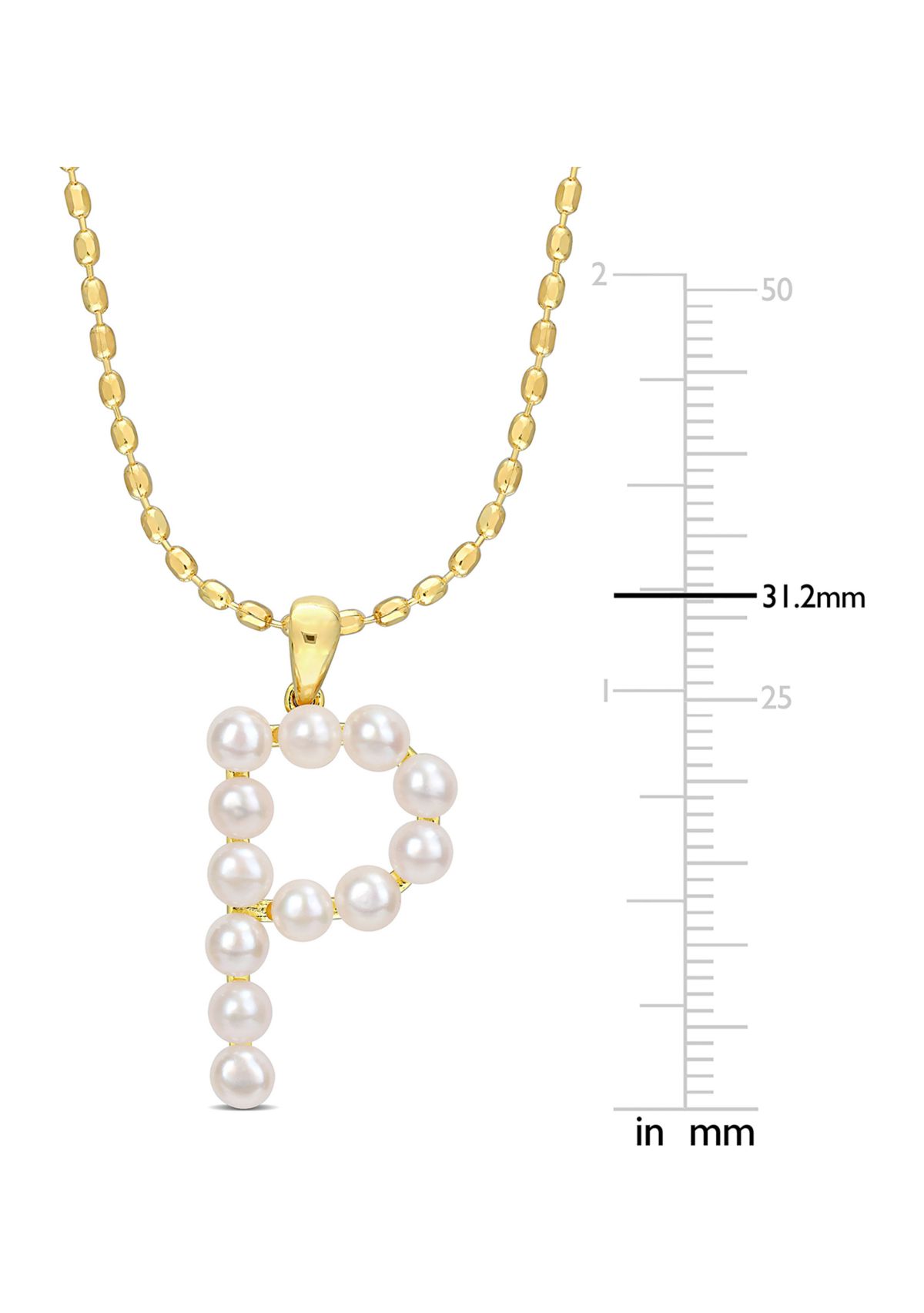 3.5-4mm Freshwater Cultured Pearl "E" Initial Pendant with Chain in Yellow Plated Sterling Silver