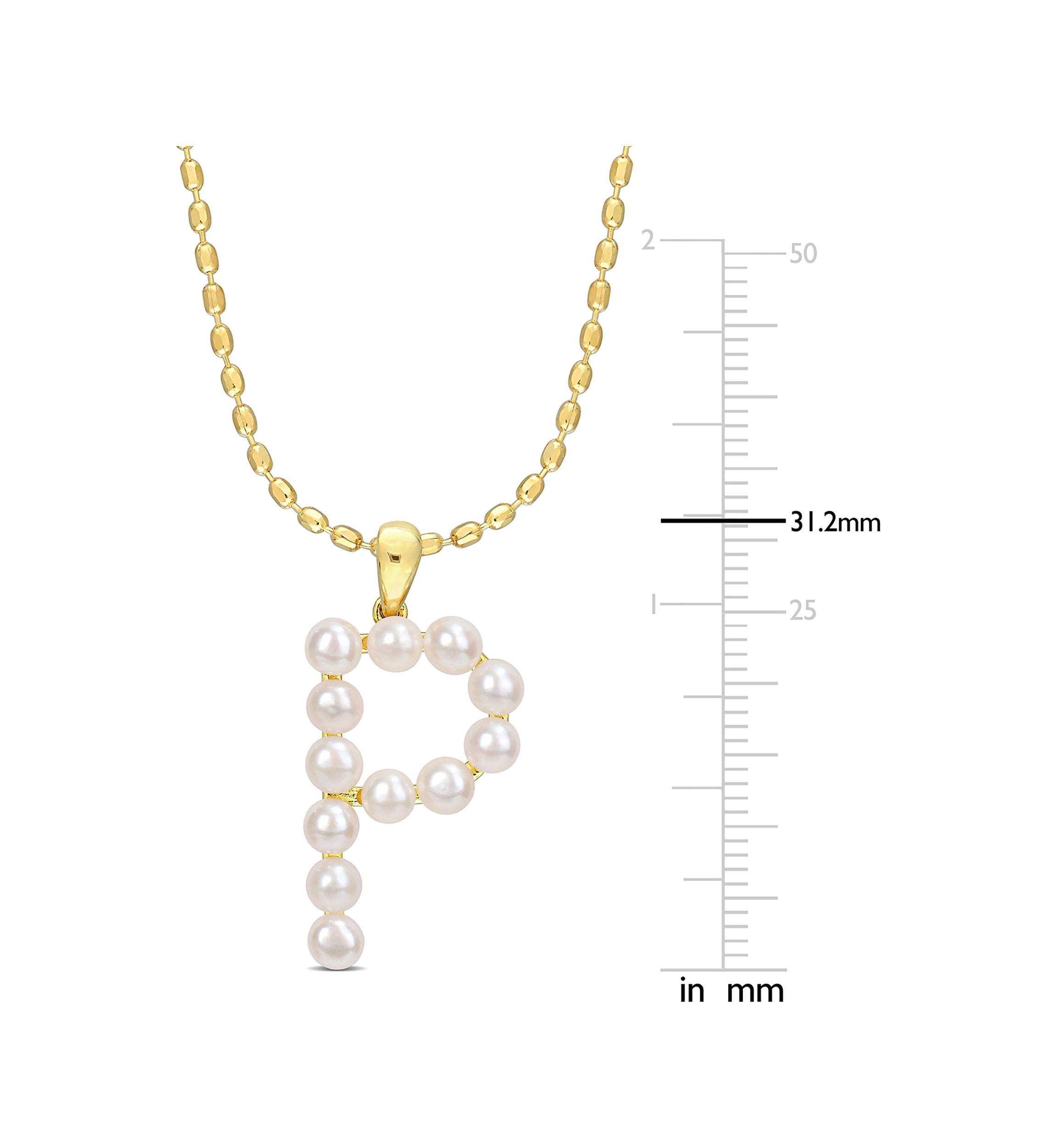3.5-4mm Freshwater Cultured Pearl "E" Initial Pendant with Chain in Yellow Plated Sterling Silver
