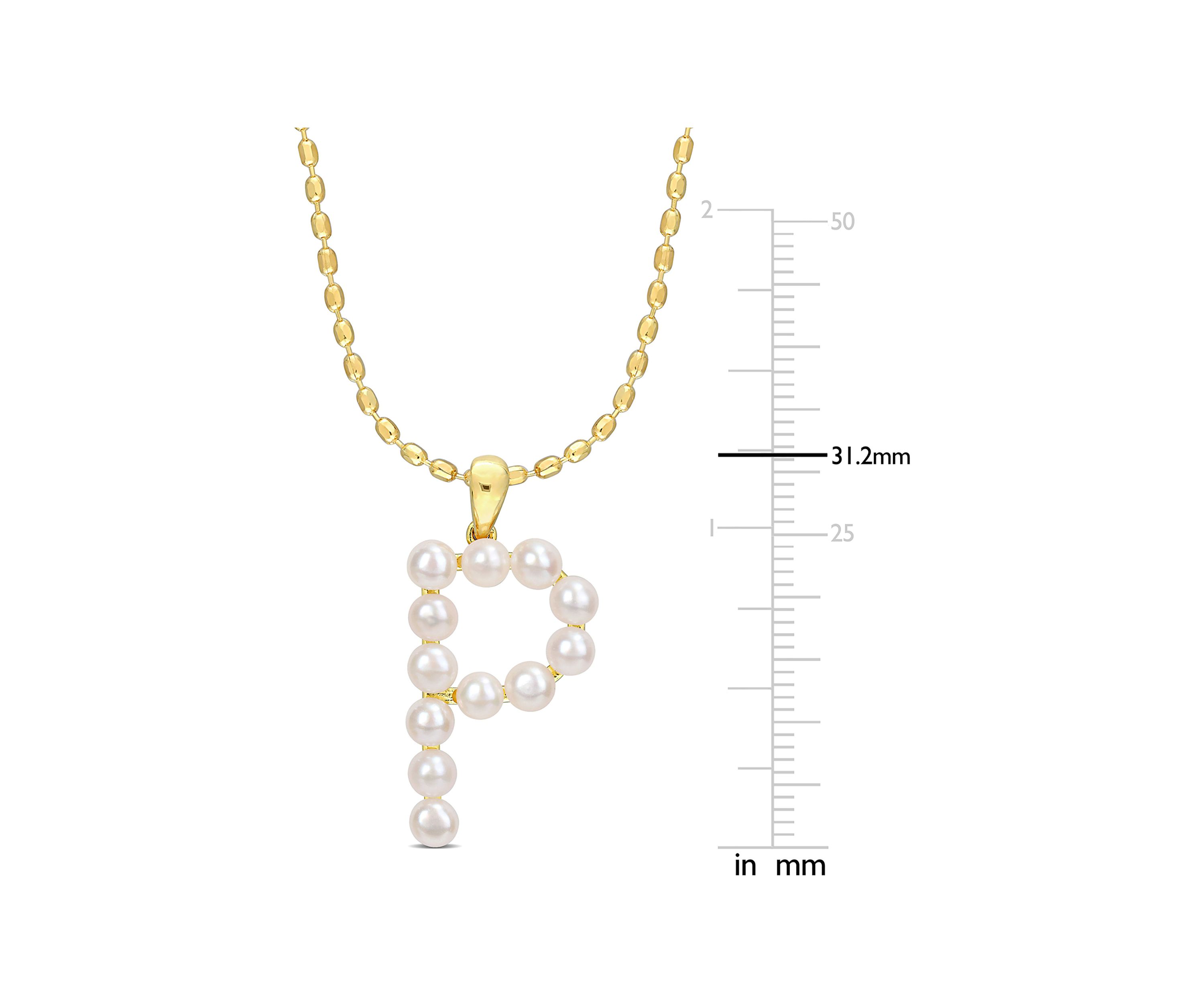 3.5-4mm Freshwater Cultured Pearl "E" Initial Pendant with Chain in Yellow Plated Sterling Silver