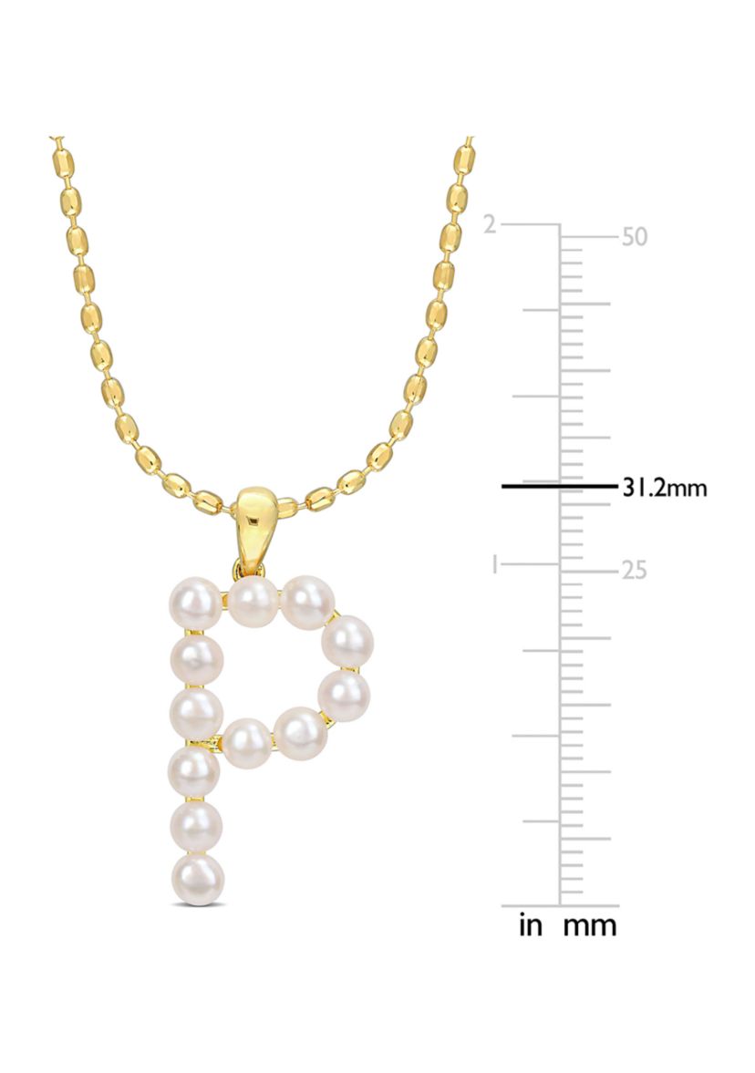 3.5-4mm Freshwater Cultured Pearl "E" Initial Pendant with Chain in Yellow Plated Sterling Silver