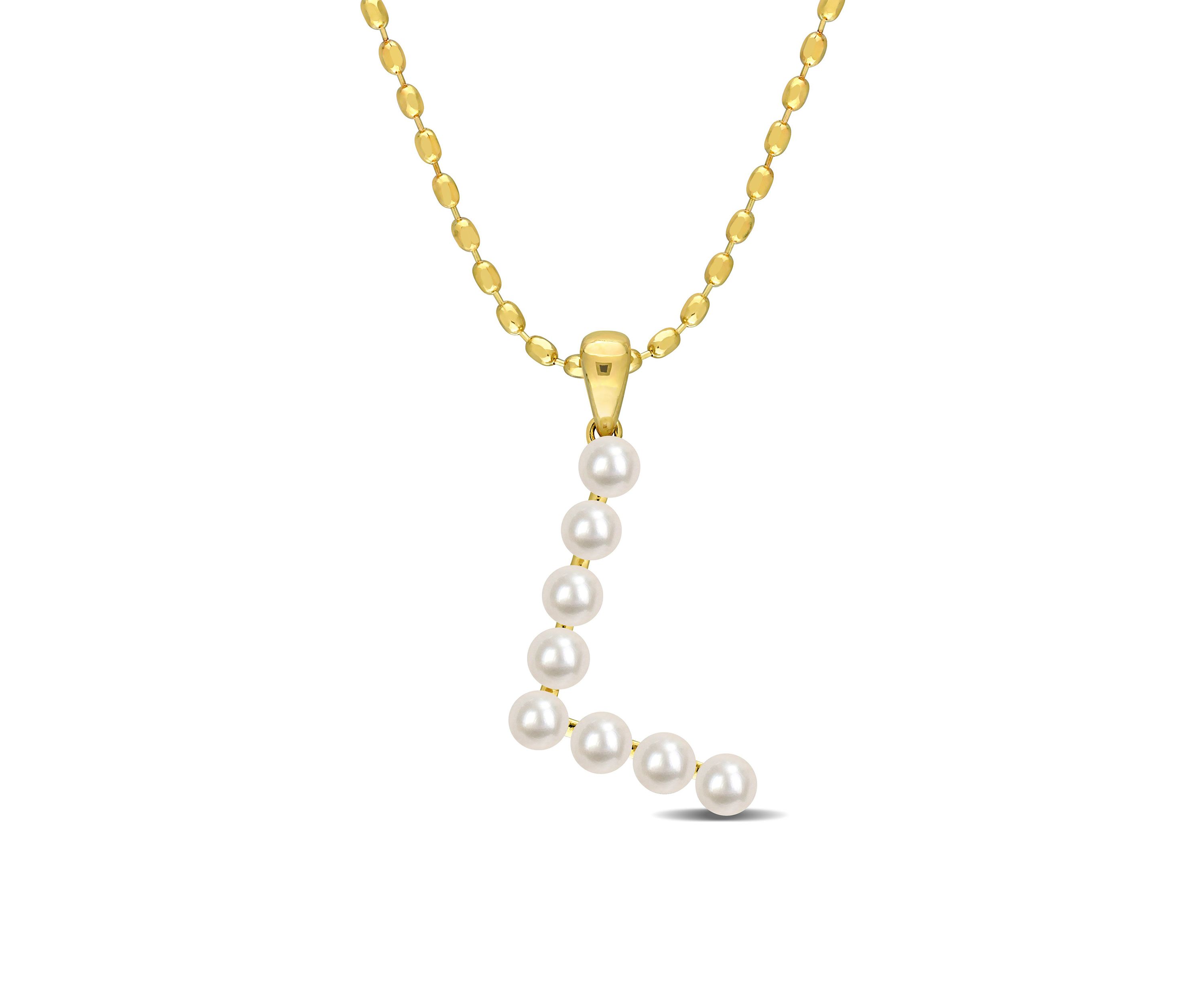 3.5-4mm Freshwater Cultured Pearl "L" Initial Pendant with Chain in Yellow Plated Sterling Silver