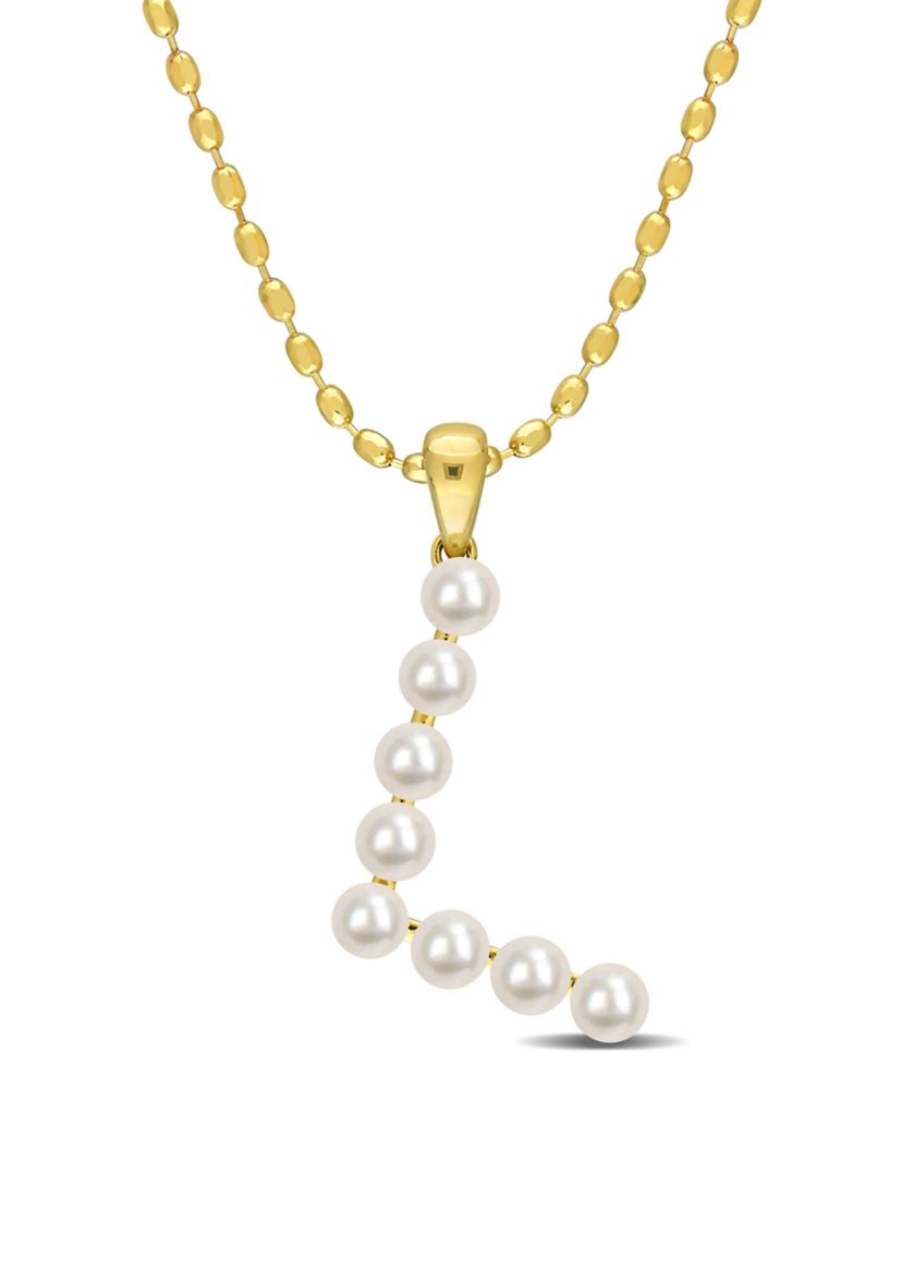 3.5-4mm Freshwater Cultured Pearl "L" Initial Pendant with Chain in Yellow Plated Sterling Silver