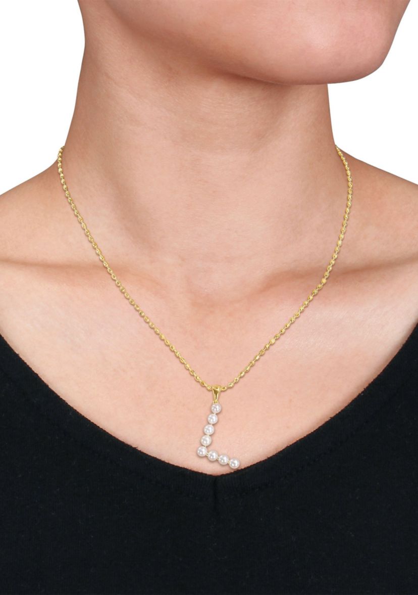 3.5-4mm Freshwater Cultured Pearl "L" Initial Pendant with Chain in Yellow Plated Sterling Silver