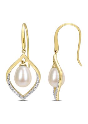 Belk & Co 8-8.5mm Freshwater Cultured Pearl and 1/3 CT TGW White Topaz Open Hook Earrings in Yellow Plated Sterling Silver