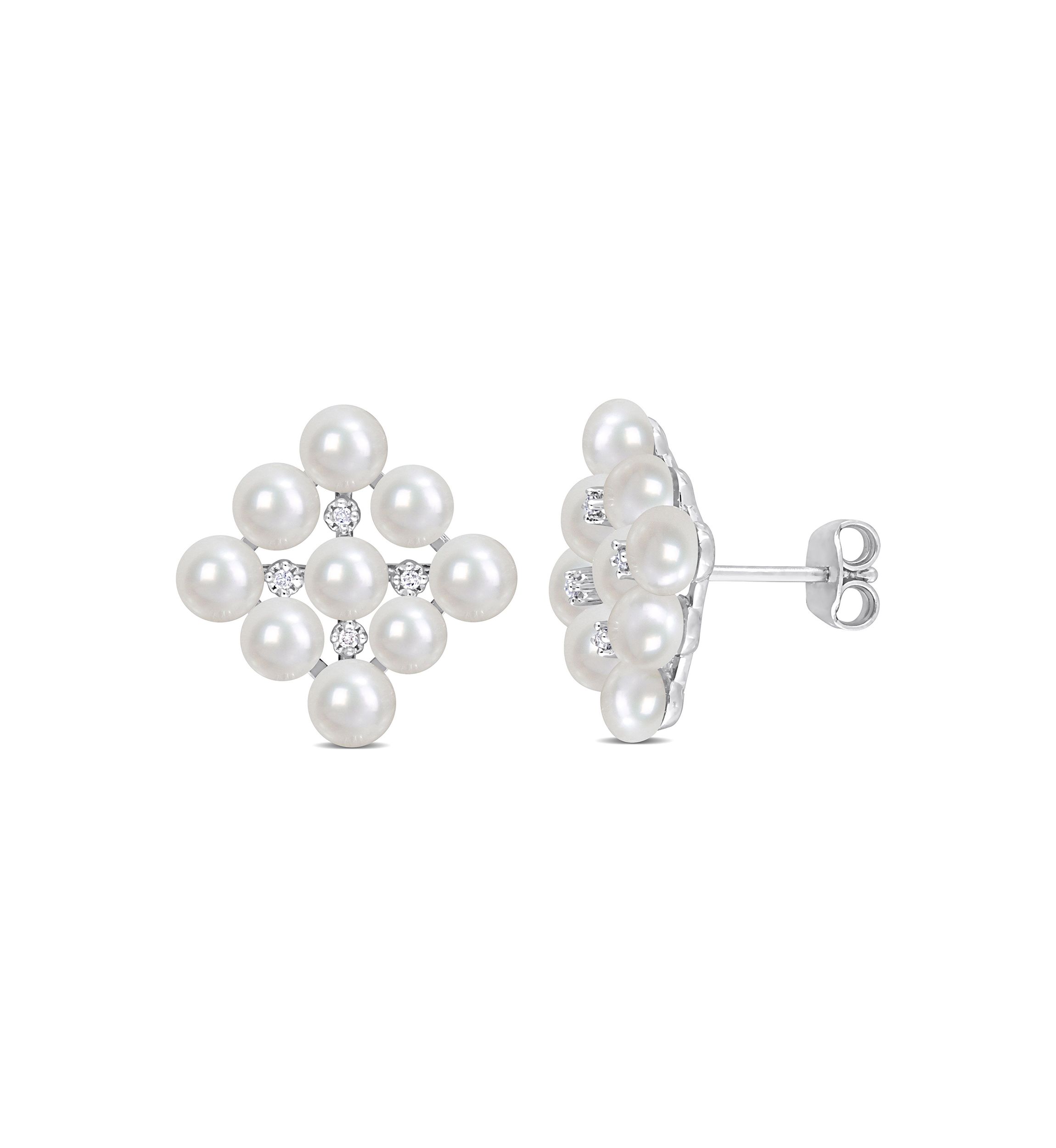4-4.5mm Cultured Freshwater Pearl and Diamond Accent Stud Earrings in Sterling Silver