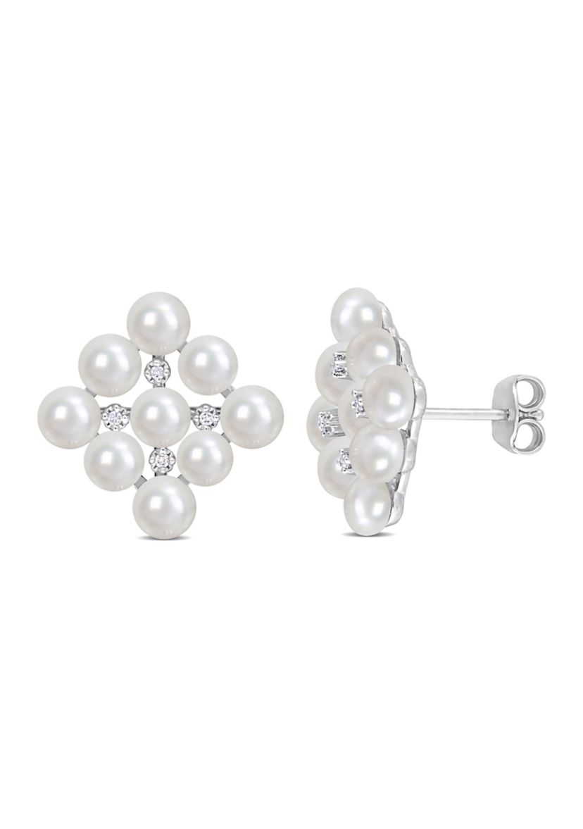 4-4.5mm Cultured Freshwater Pearl and Diamond Accent Stud Earrings in Sterling Silver