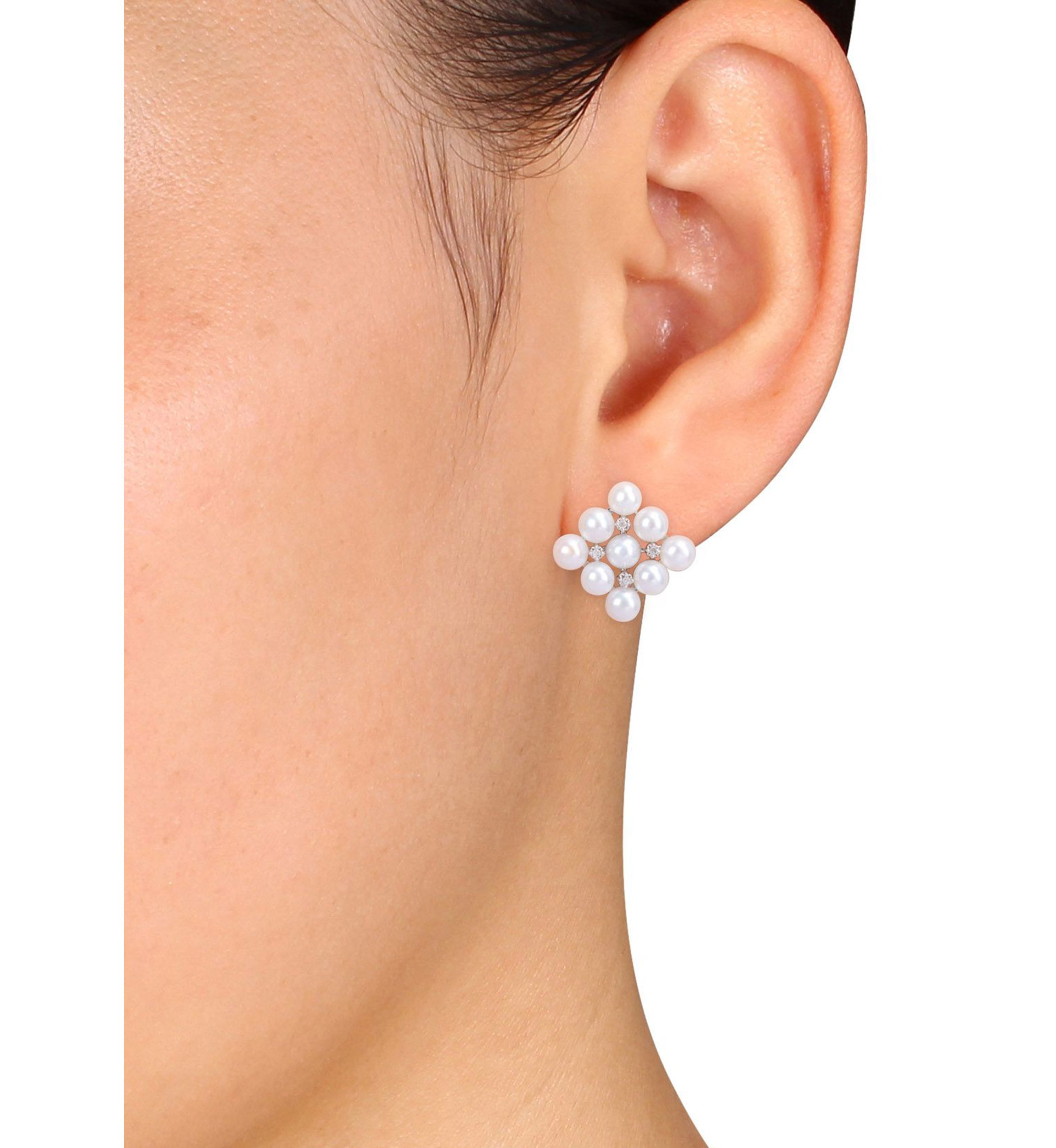 4-4.5mm Cultured Freshwater Pearl and Diamond Accent Stud Earrings in Sterling Silver