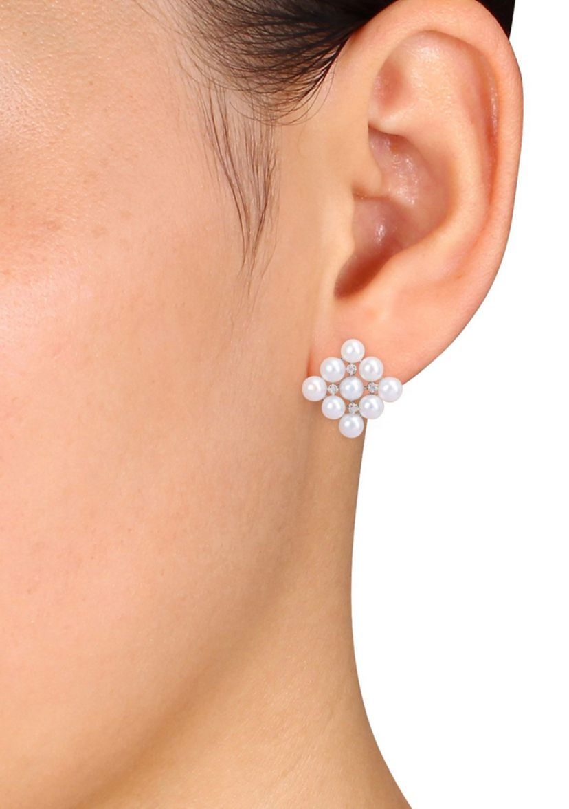 4-4.5mm Cultured Freshwater Pearl and Diamond Accent Stud Earrings in Sterling Silver
