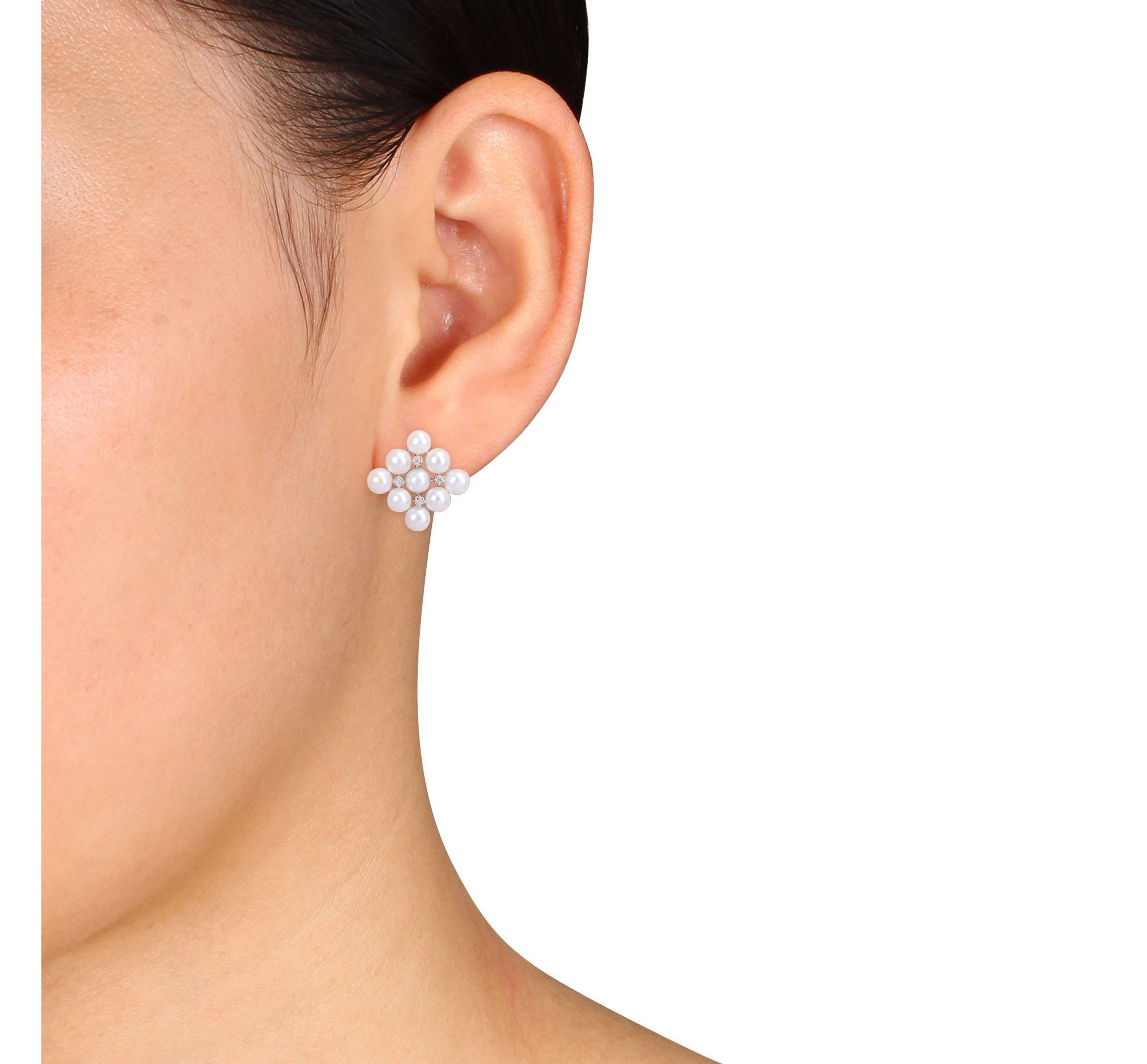 4-4.5mm Cultured Freshwater Pearl and Diamond Accent Stud Earrings in Sterling Silver