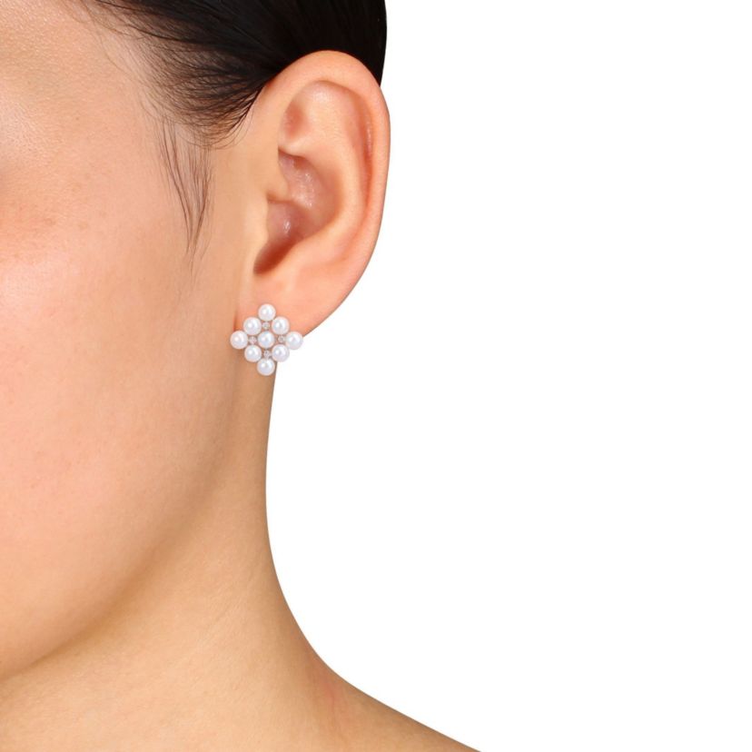 4-4.5mm Cultured Freshwater Pearl and Diamond Accent Stud Earrings in Sterling Silver