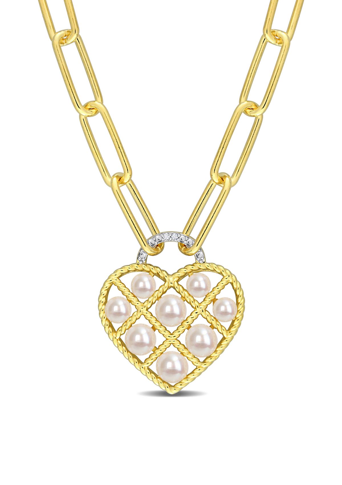 Freshwater Cultured Pearl & Diamond Accent Heart Paperclip Chain Link Necklace in Yellow Plated Sterling Silver