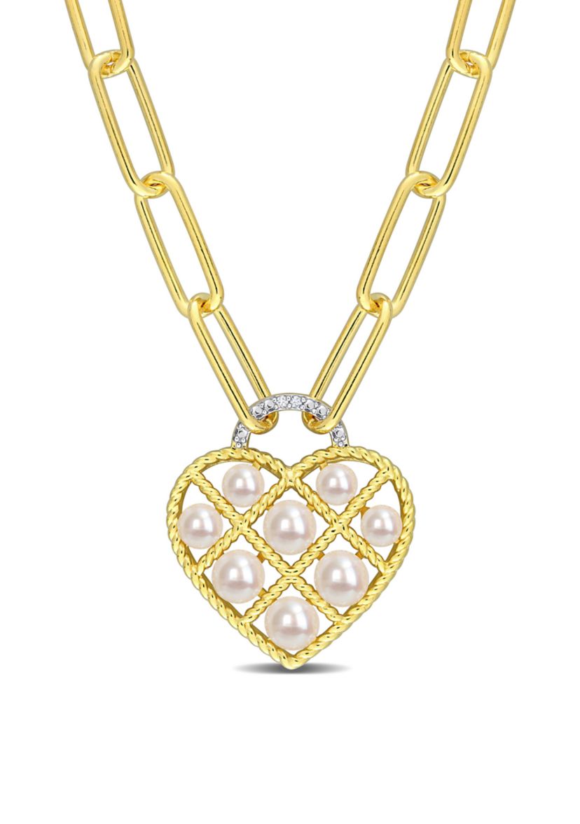 Freshwater Cultured Pearl & Diamond Accent Heart Paperclip Chain Link Necklace in Yellow Plated Sterling Silver