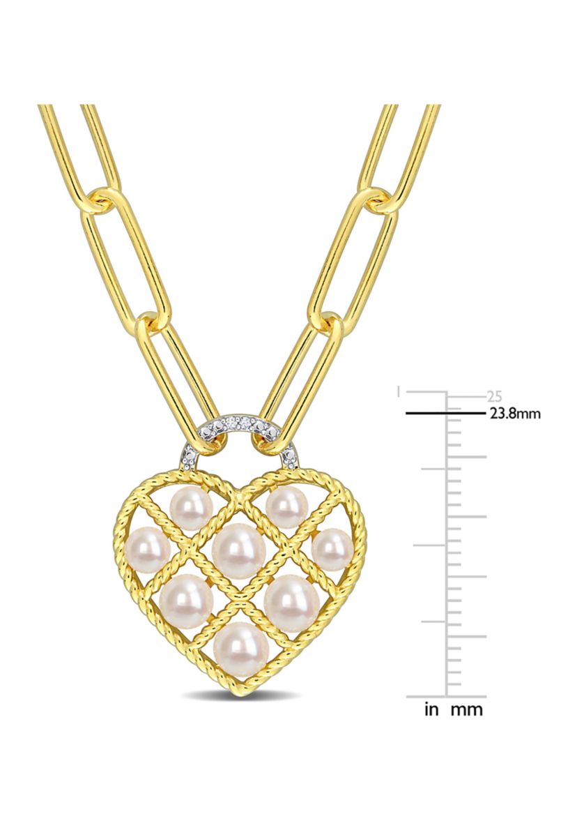 Freshwater Cultured Pearl & Diamond Accent Heart Paperclip Chain Link Necklace in Yellow Plated Sterling Silver