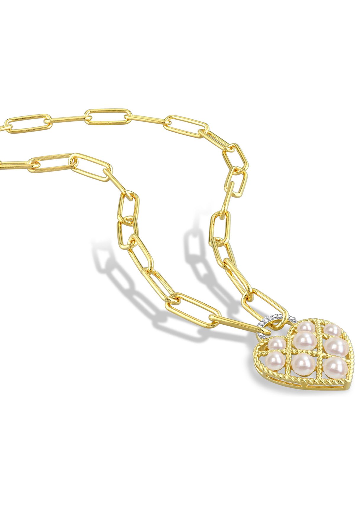 Freshwater Cultured Pearl & Diamond Accent Heart Paperclip Chain Link Necklace in Yellow Plated Sterling Silver