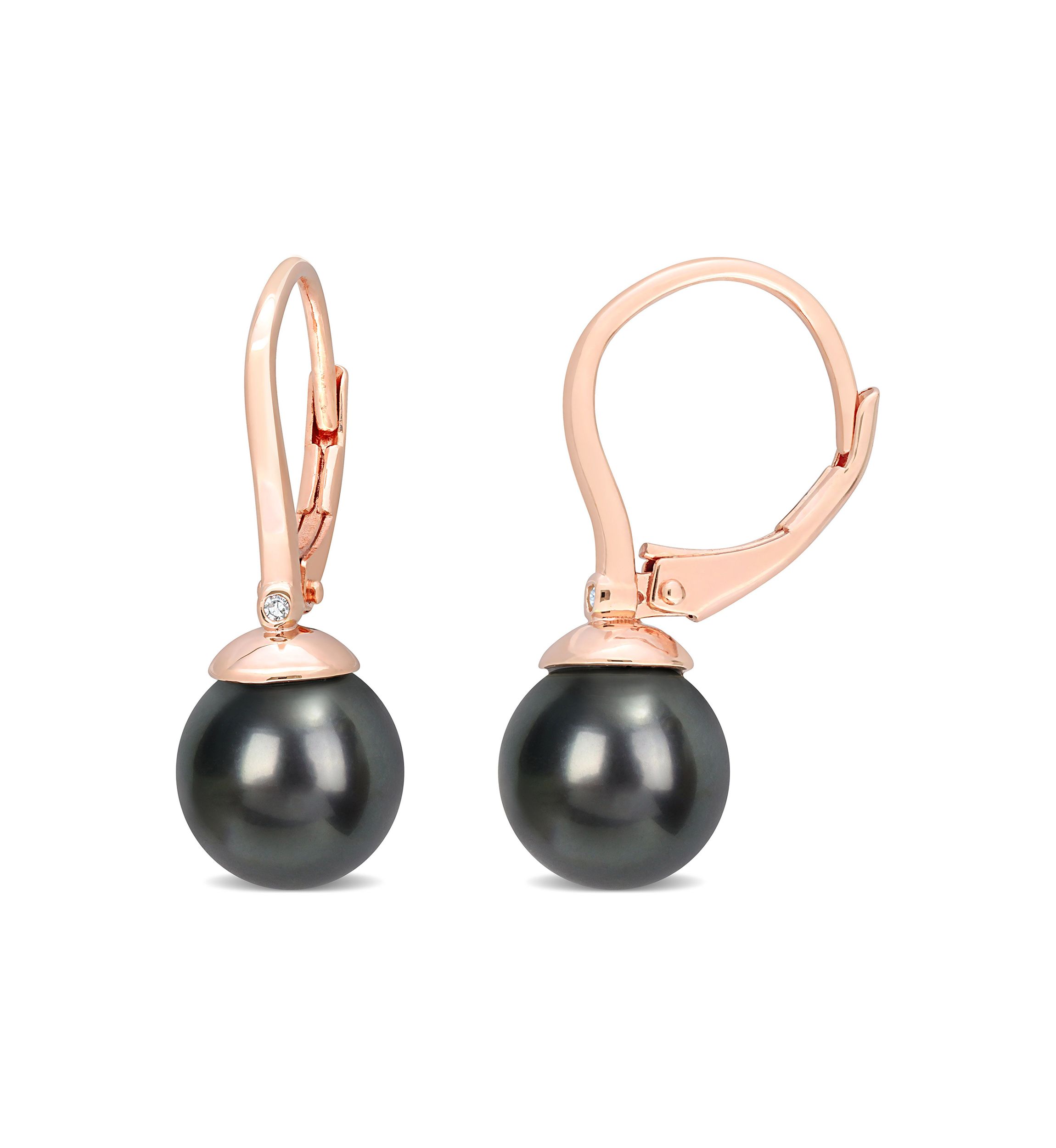 8-8.5mm Black Tahitian Cultured Freshwater Pearl & Diamond Accent Leverback Earrings in Rose Plated Sterling Silver