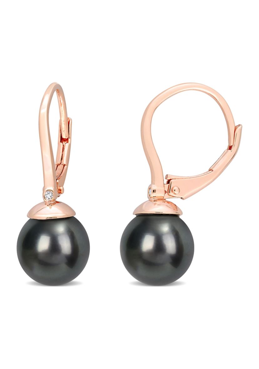 8-8.5mm Black Tahitian Cultured Freshwater Pearl & Diamond Accent Leverback Earrings in Rose Plated Sterling Silver