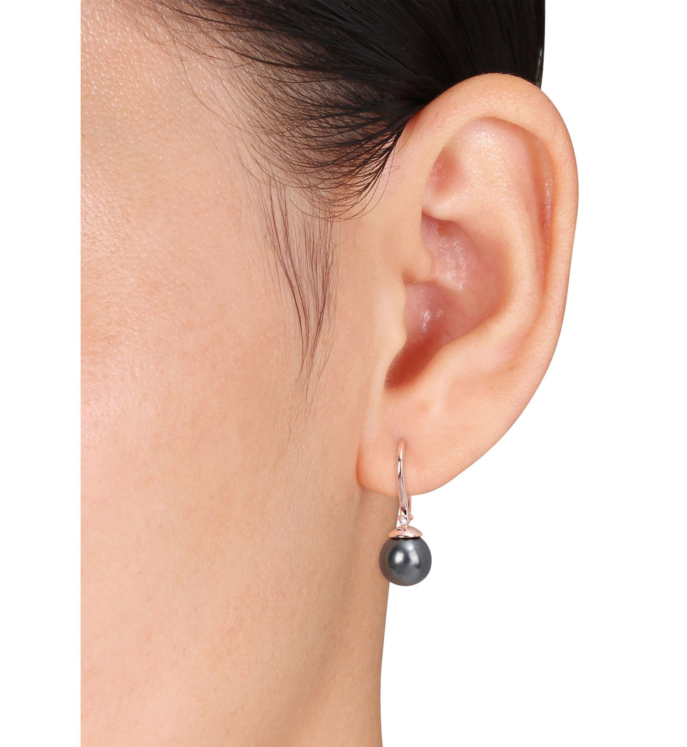 8-8.5mm Black Tahitian Cultured Freshwater Pearl & Diamond Accent Leverback Earrings in Rose Plated Sterling Silver
