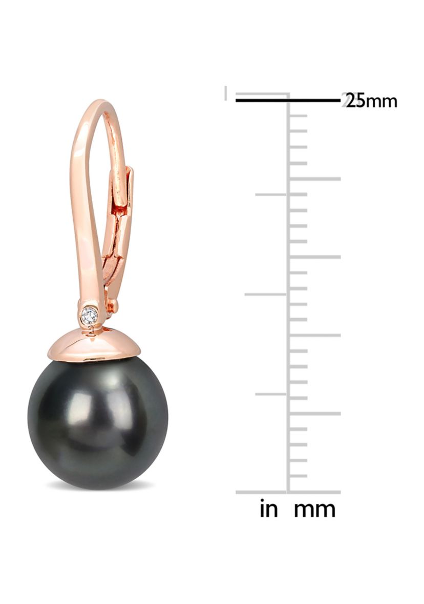 8-8.5mm Black Tahitian Cultured Freshwater Pearl & Diamond Accent Leverback Earrings in Rose Plated Sterling Silver