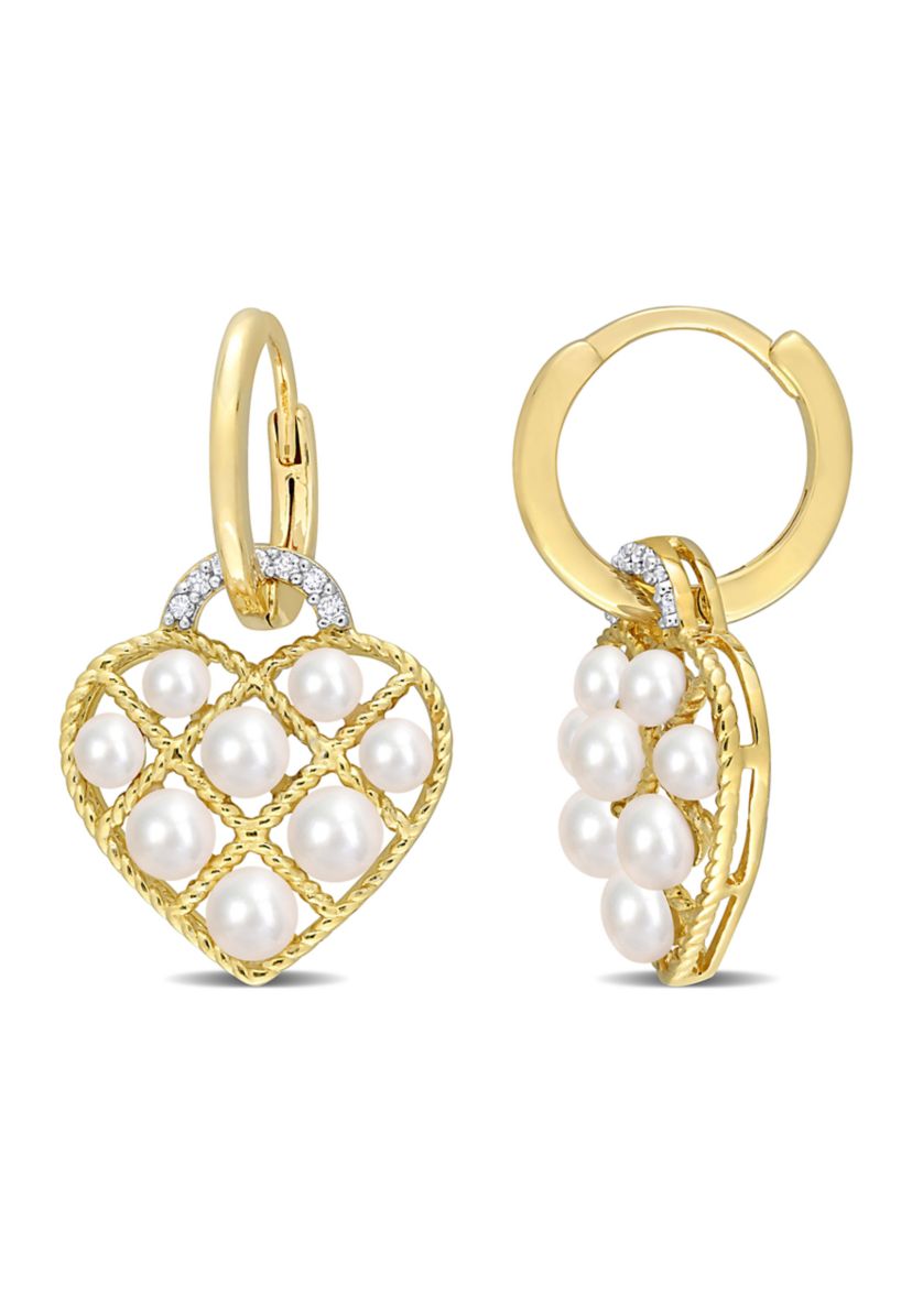 2.5-3mm Cultured Freshwater Pearl and Diamond Accent Heart Hoop Earrings in Yellow Plated Sterling Silver