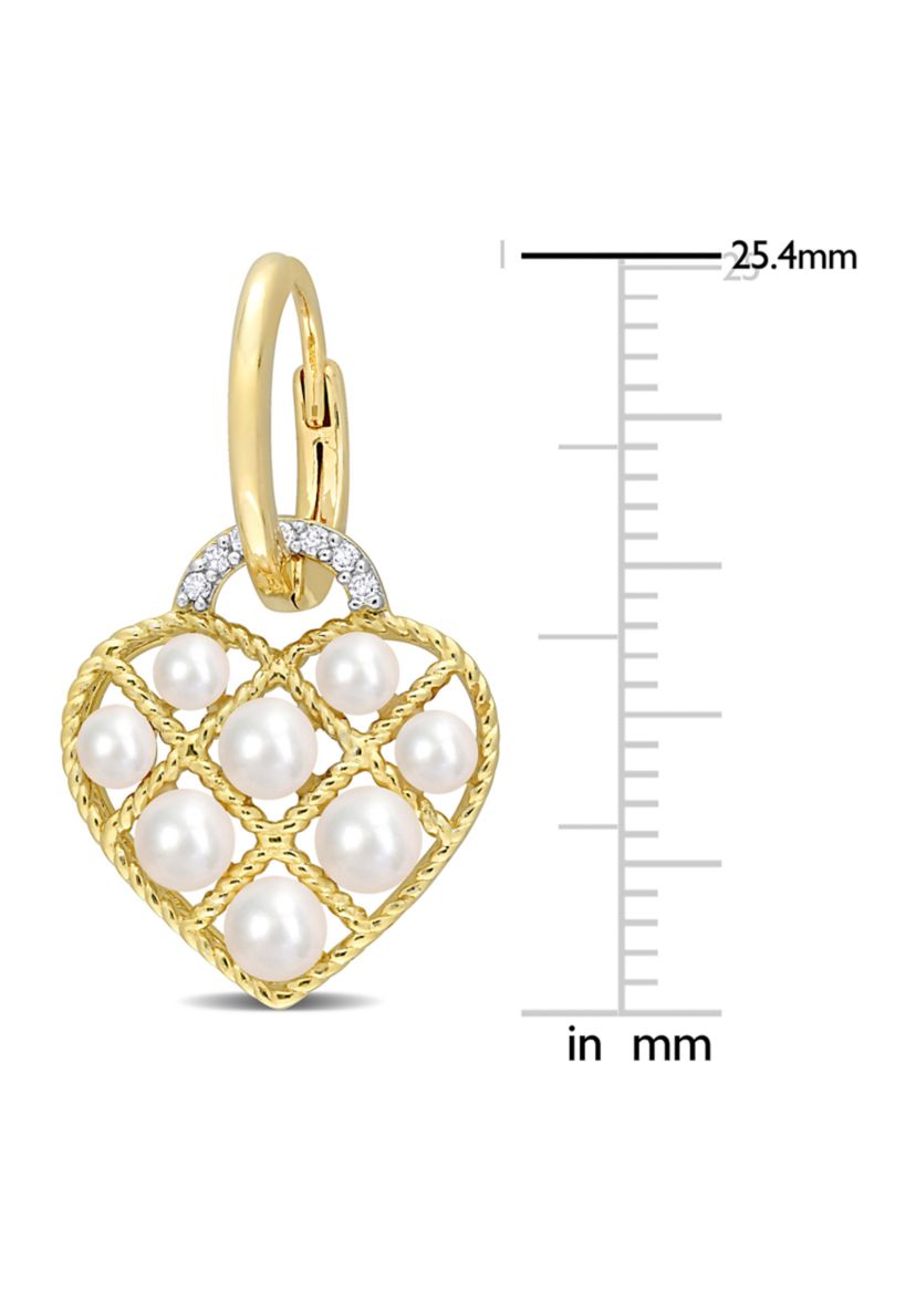 2.5-3mm Cultured Freshwater Pearl and Diamond Accent Heart Hoop Earrings in Yellow Plated Sterling Silver
