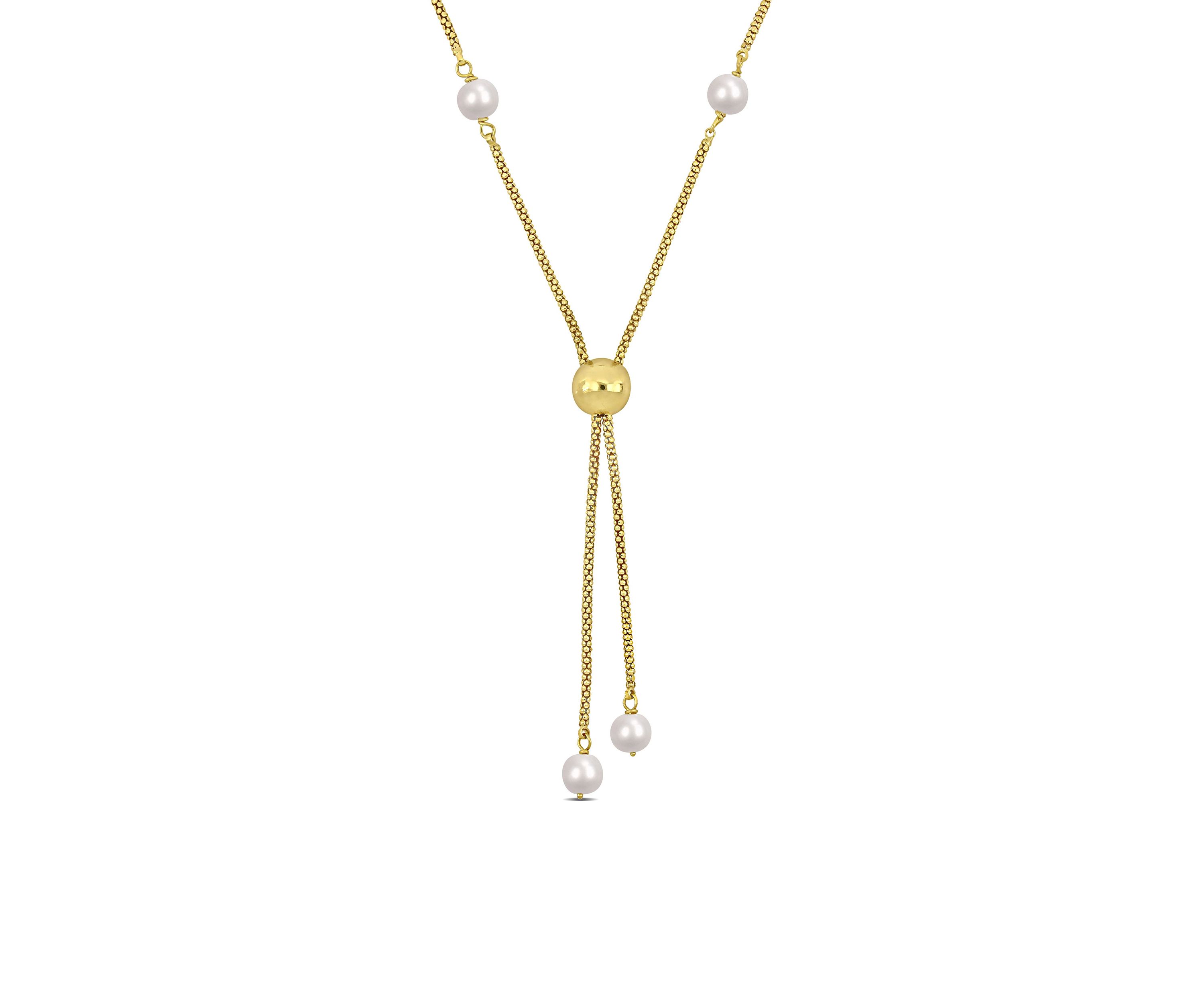 6-7mm Cultured Freshwater Pearl Tassel Necklace in 18k Yellow Gold Plated Sterling Silver