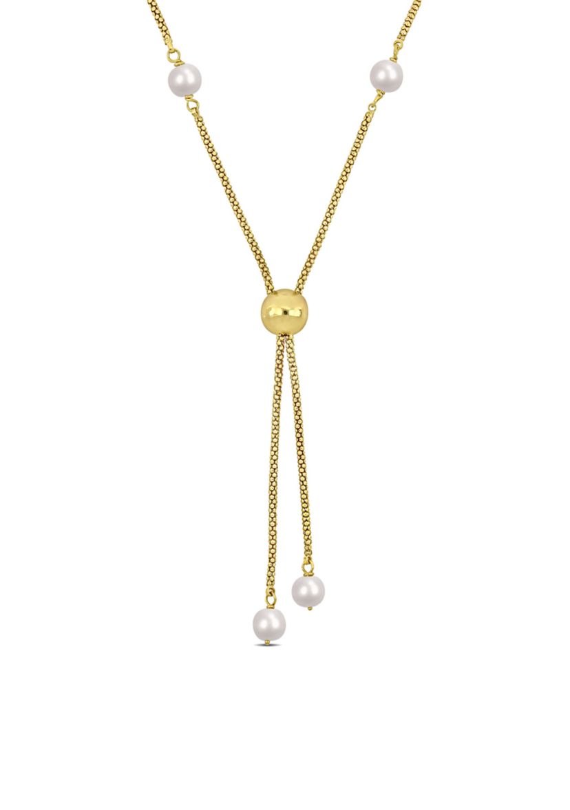 6-7mm Cultured Freshwater Pearl Tassel Necklace in 18k Yellow Gold Plated Sterling Silver