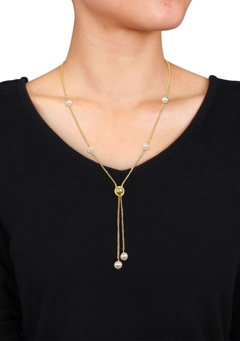 6-7mm Cultured Freshwater Pearl Tassel Necklace in 18k Yellow Gold Plated Sterling Silver