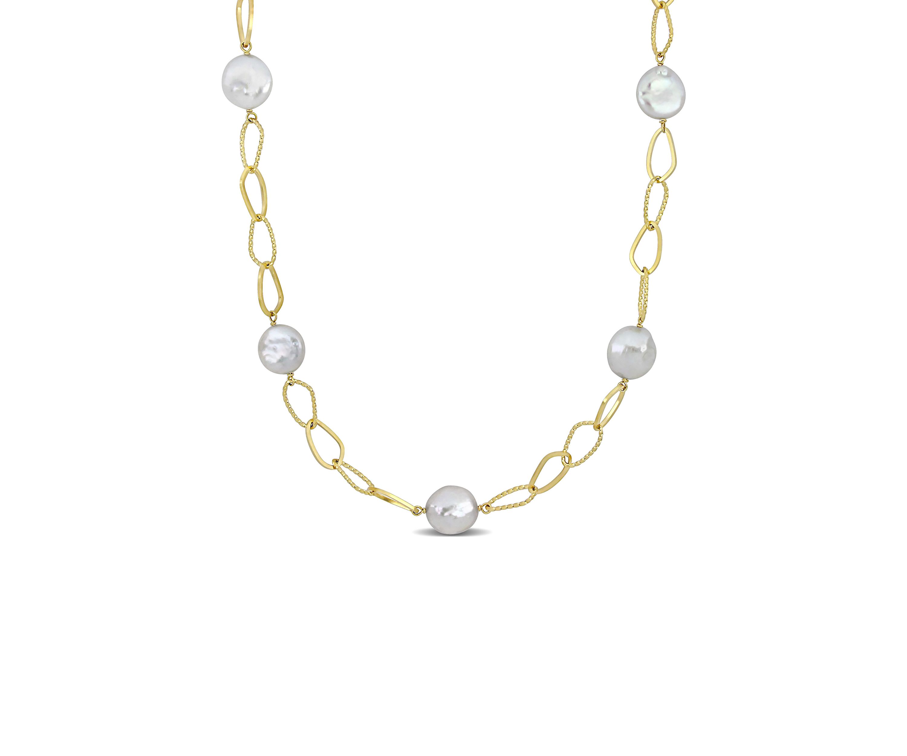 14-15mm Cultured Freshwater Coin Pearl Station Chain Necklace in 18k Yellow Gold Plated Sterling Silver