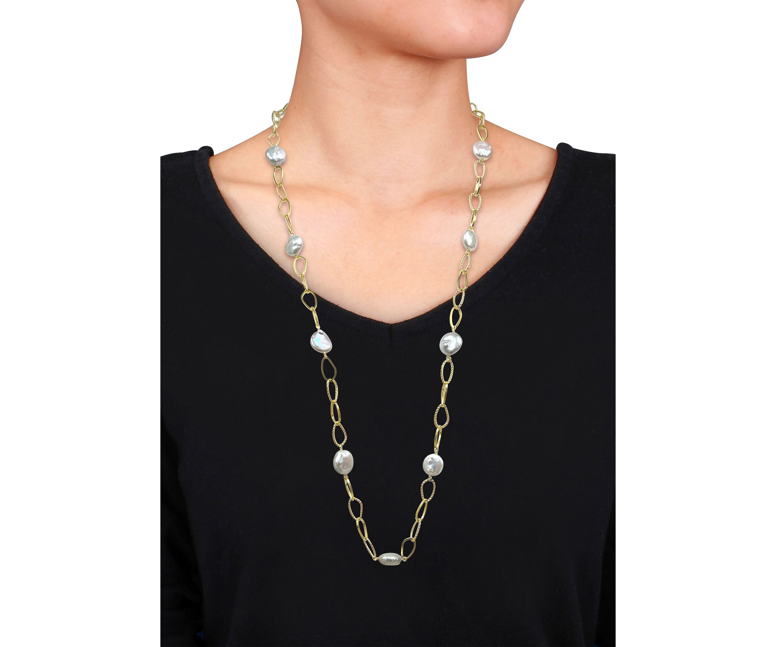 14-15mm Cultured Freshwater Coin Pearl Station Chain Necklace in 18k Yellow Gold Plated Sterling Silver