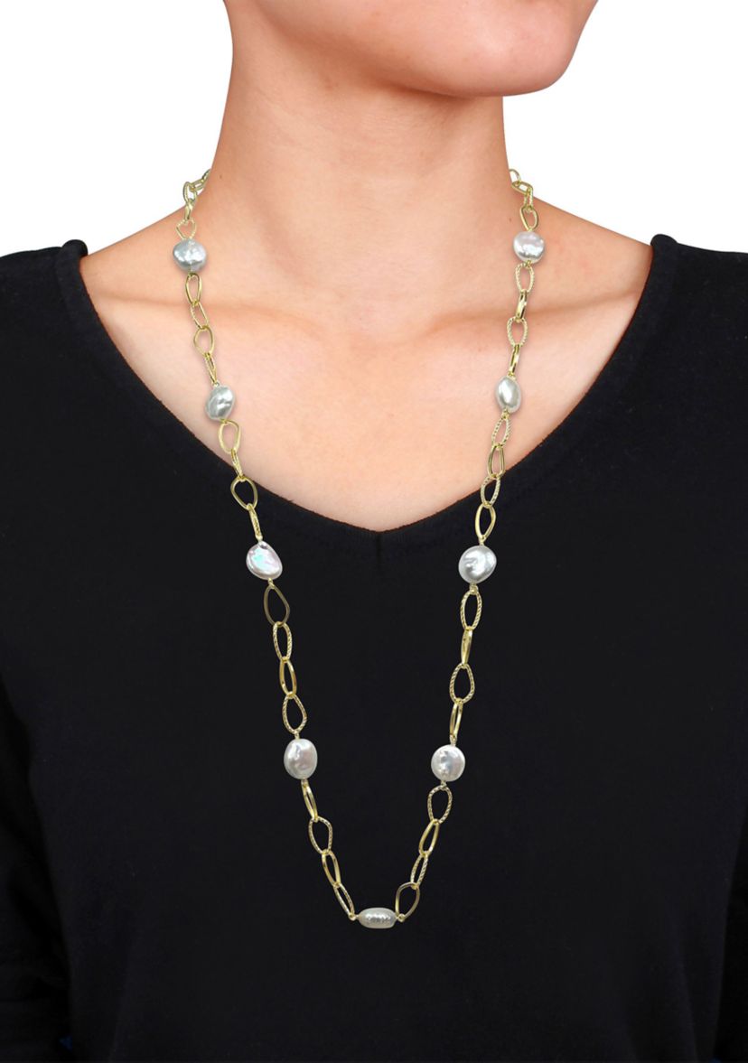14-15mm Cultured Freshwater Coin Pearl Station Chain Necklace in 18k Yellow Gold Plated Sterling Silver