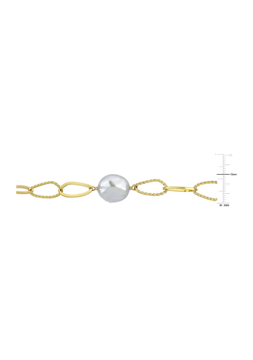 14-15mm Cultured Freshwater Coin Pearl Station Chain Necklace in 18k Yellow Gold Plated Sterling Silver