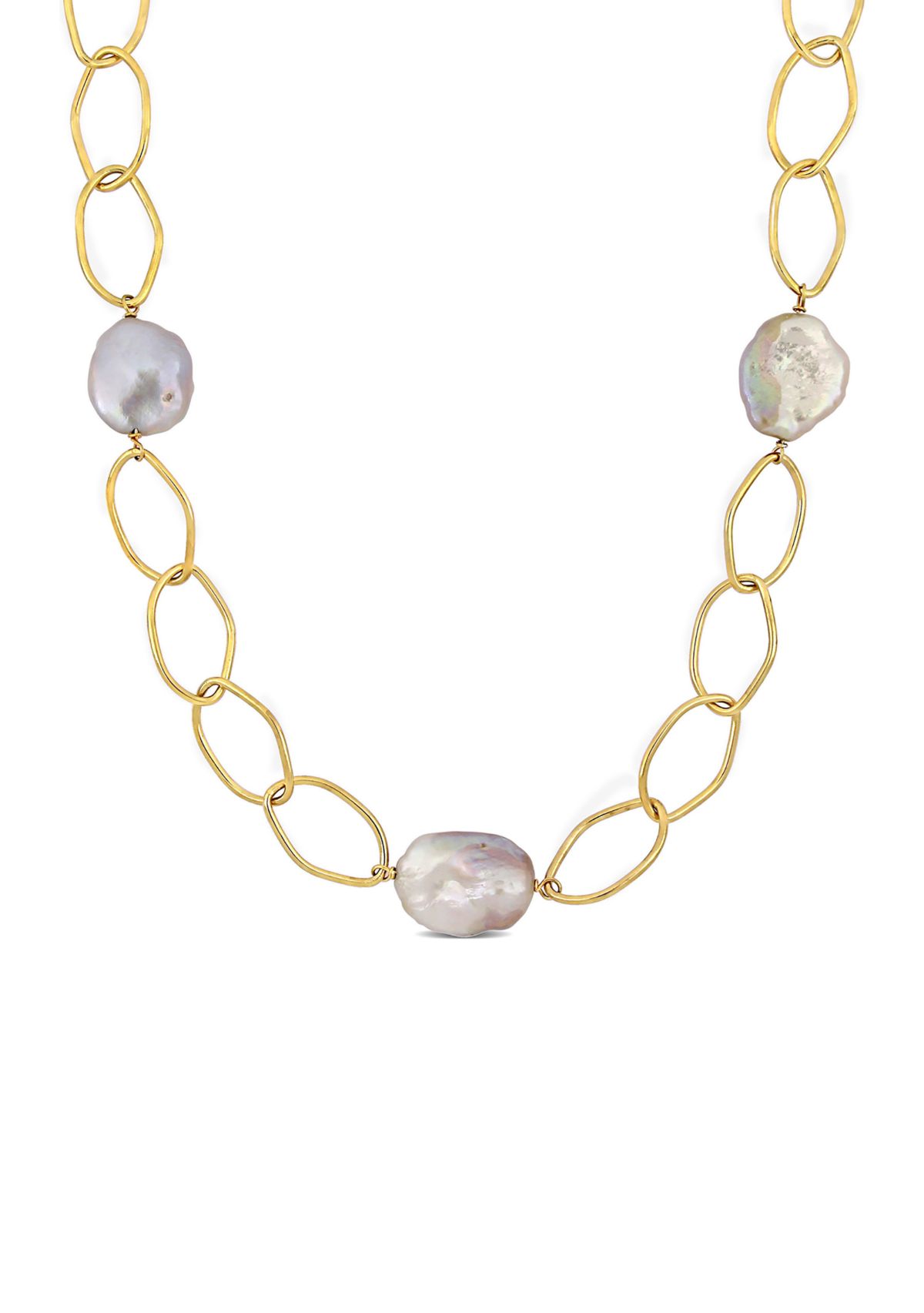14-20mm Pink Cultured Freshwater Pearl Station Chain Necklace in 18k Yellow Gold Plated Sterling Silver