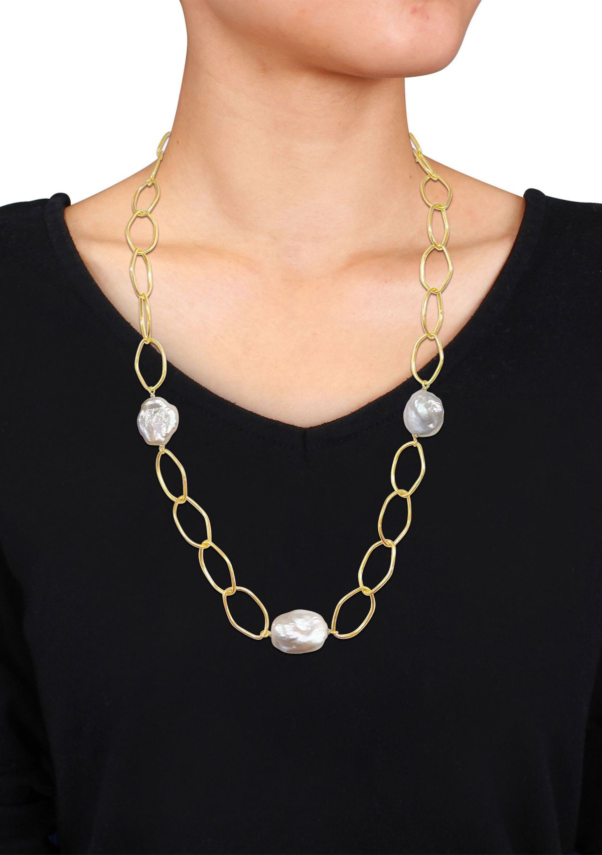 14-20mm Pink Cultured Freshwater Pearl Station Chain Necklace in 18k Yellow Gold Plated Sterling Silver