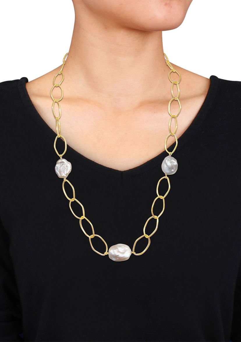 14-20mm Pink Cultured Freshwater Pearl Station Chain Necklace in 18k Yellow Gold Plated Sterling Silver