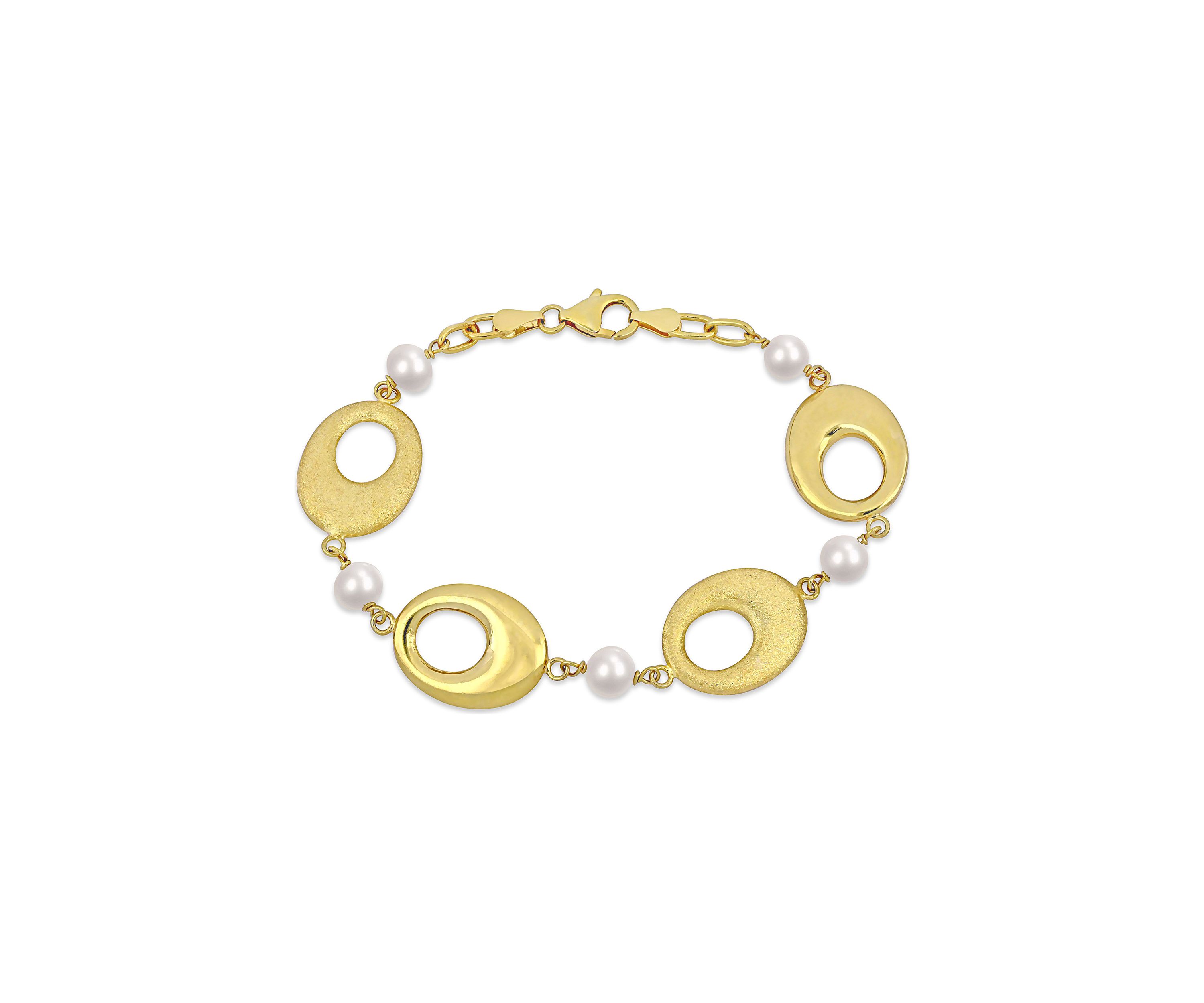 6-7mm Cultured Freshwater Pearl and Oval Disc Station Chain Bracelet in 18k Yellow Gold Plated Sterling Silver