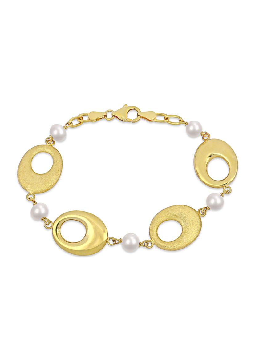 6-7mm Cultured Freshwater Pearl and Oval Disc Station Chain Bracelet in 18k Yellow Gold Plated Sterling Silver