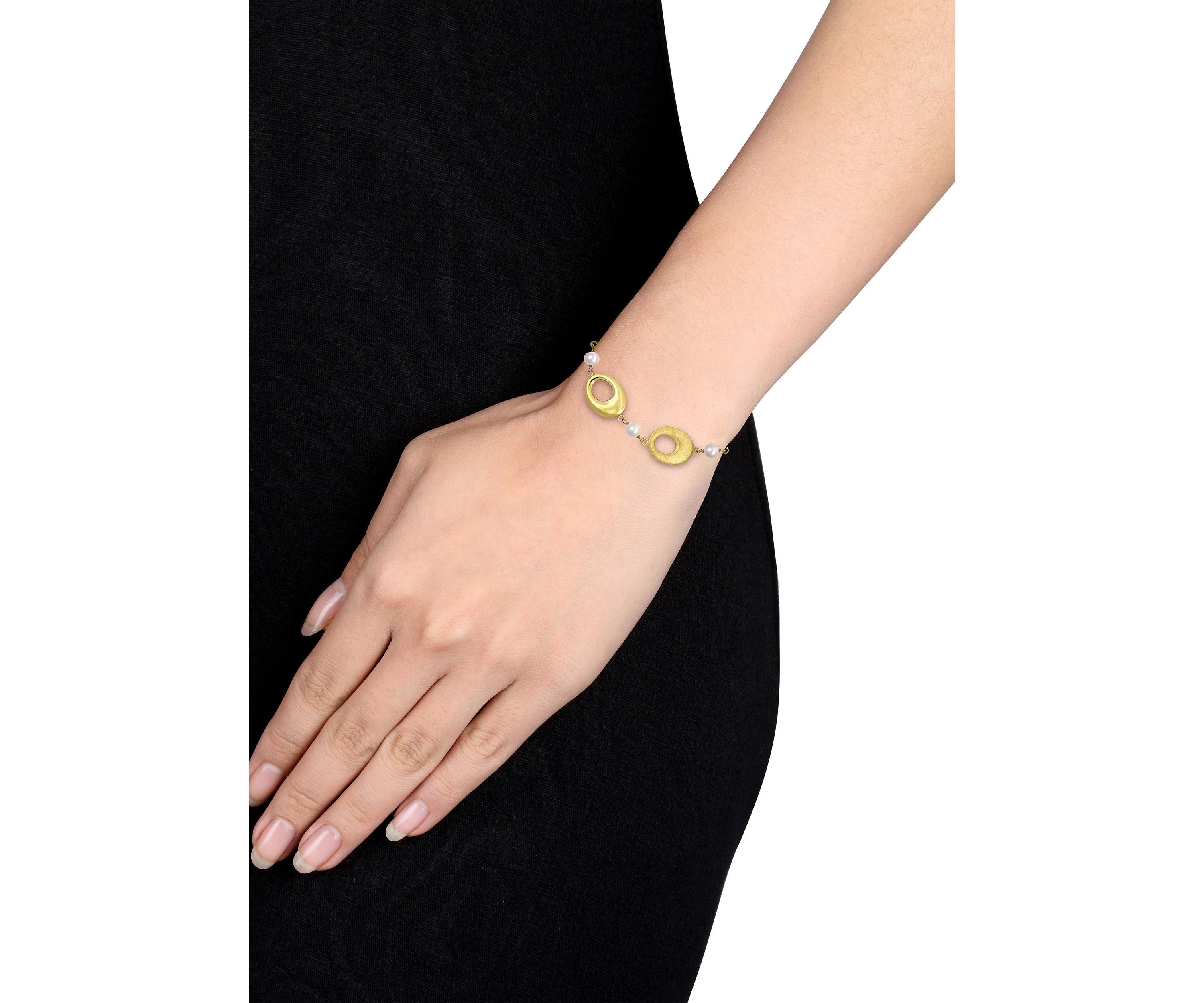6-7mm Cultured Freshwater Pearl and Oval Disc Station Chain Bracelet in 18k Yellow Gold Plated Sterling Silver