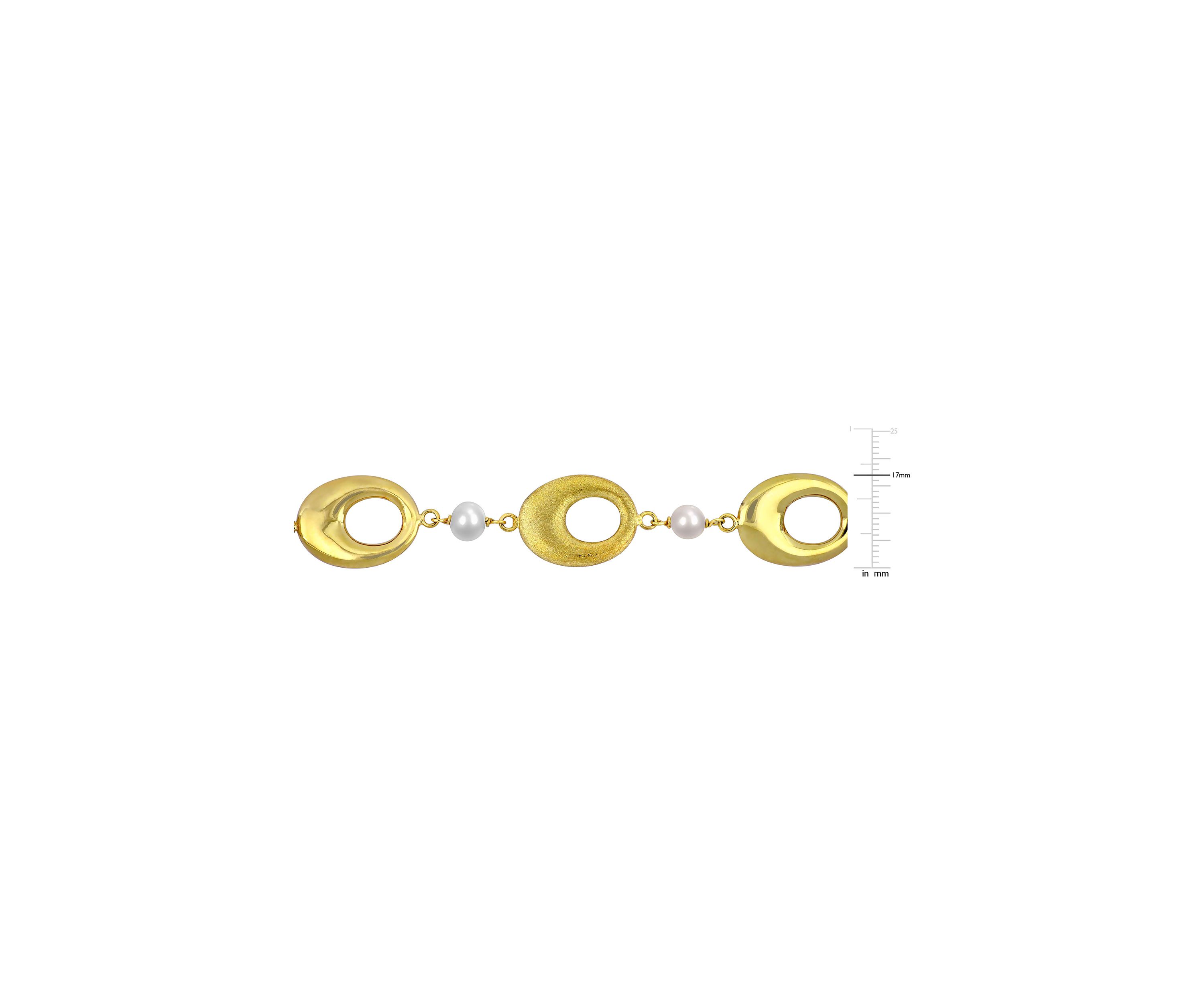 6-7mm Cultured Freshwater Pearl and Oval Disc Station Chain Bracelet in 18k Yellow Gold Plated Sterling Silver