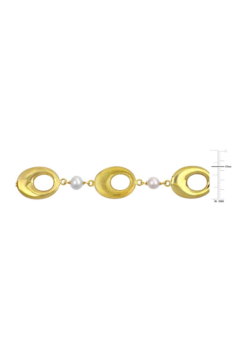 6-7mm Cultured Freshwater Pearl and Oval Disc Station Chain Bracelet in 18k Yellow Gold Plated Sterling Silver