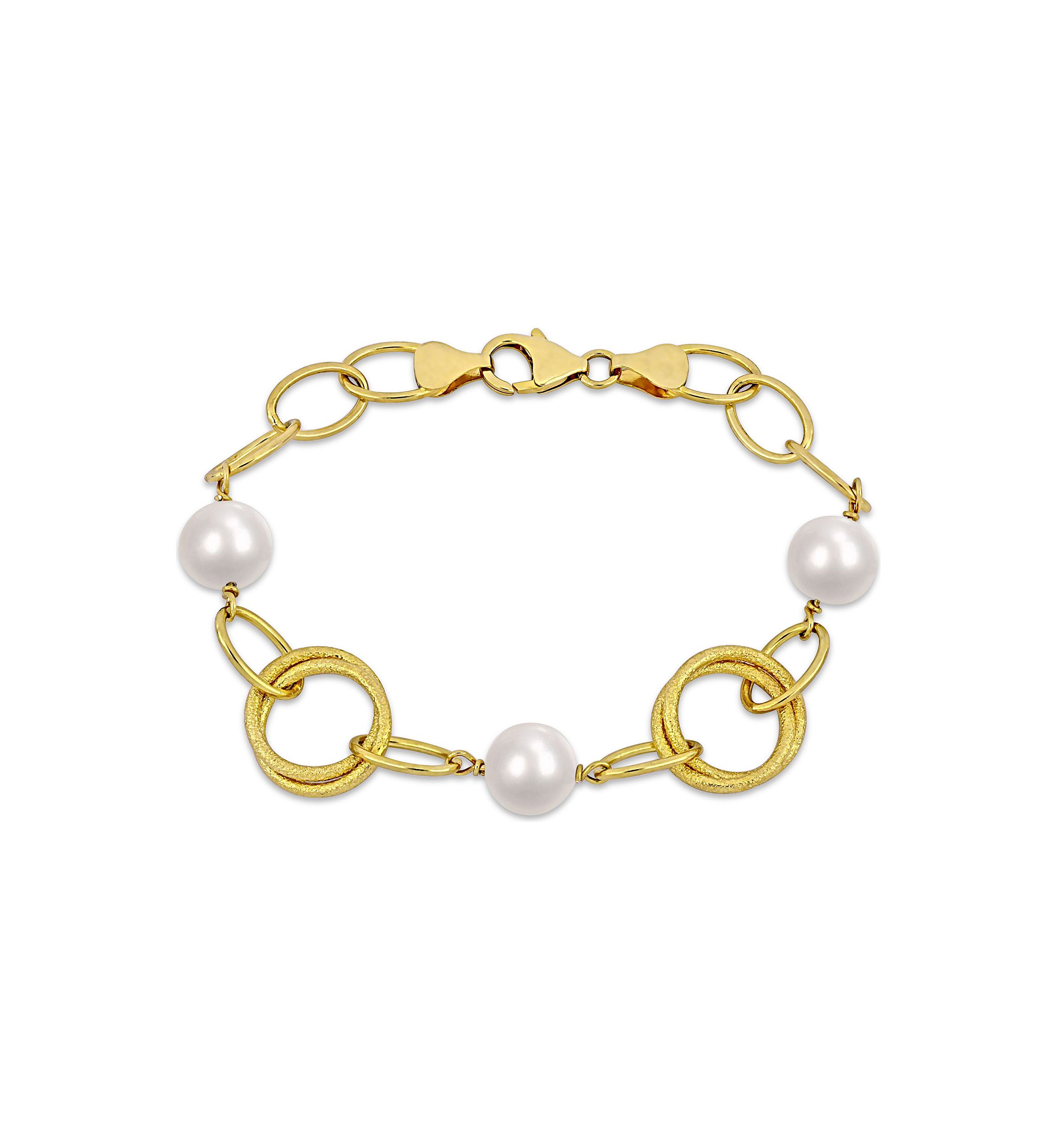 9-10mm Freshwater Cultured Pearl and Circle Rings Station Necklace in 18k Yellow Gold Plated Sterling Silver