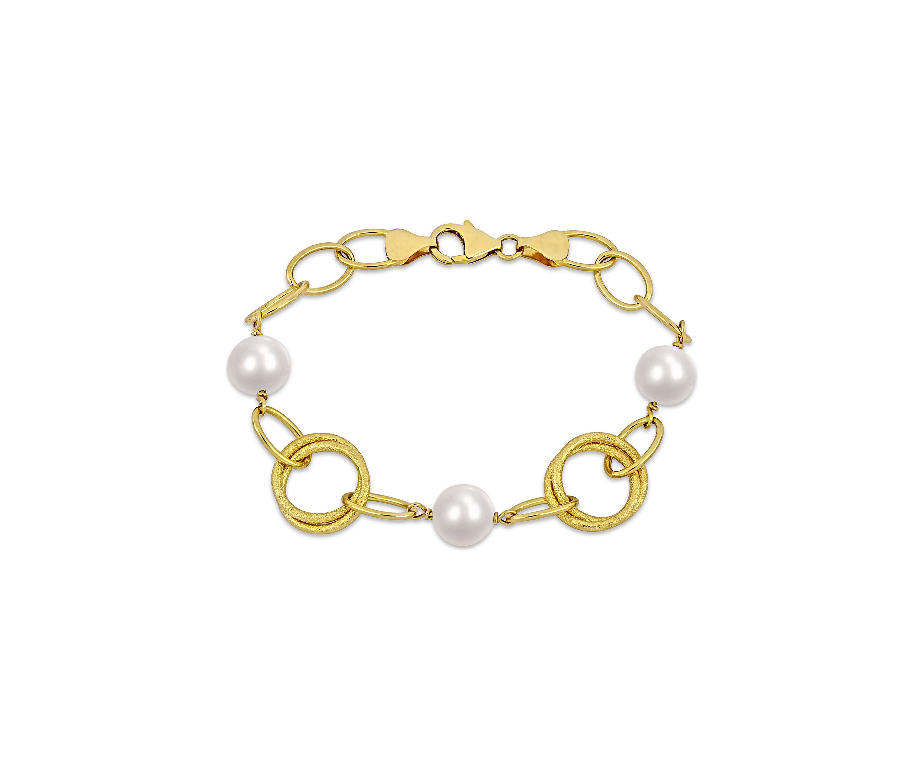 9-10mm Freshwater Cultured Pearl and Circle Rings Station Necklace in 18k Yellow Gold Plated Sterling Silver