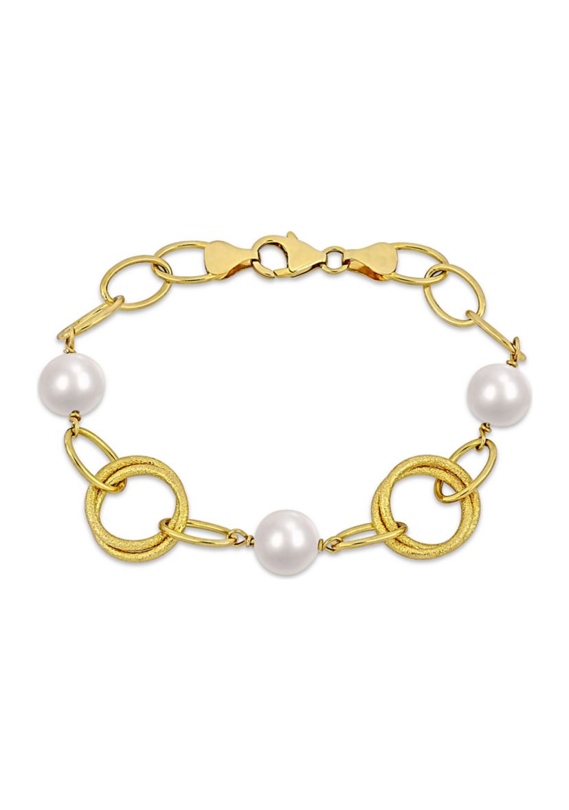9-10mm Freshwater Cultured Pearl and Circle Rings Station Necklace in 18k Yellow Gold Plated Sterling Silver