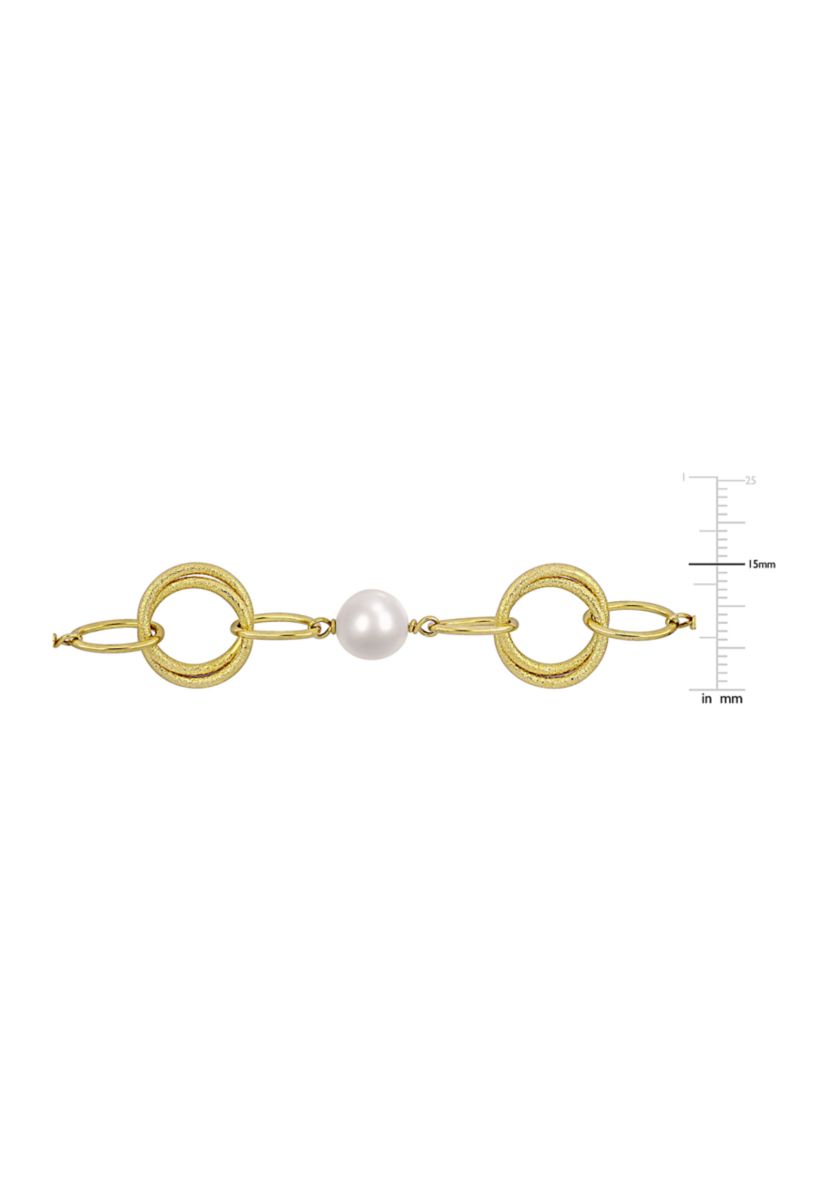9-10mm Freshwater Cultured Pearl and Circle Rings Station Necklace in 18k Yellow Gold Plated Sterling Silver