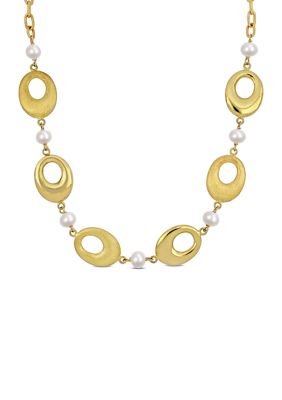 Belk & Co 6-7mm Cultured Freshwater Pearl and Oval Disc Station Chain Necklace in 18k Yellow Gold Plated Sterling Silver