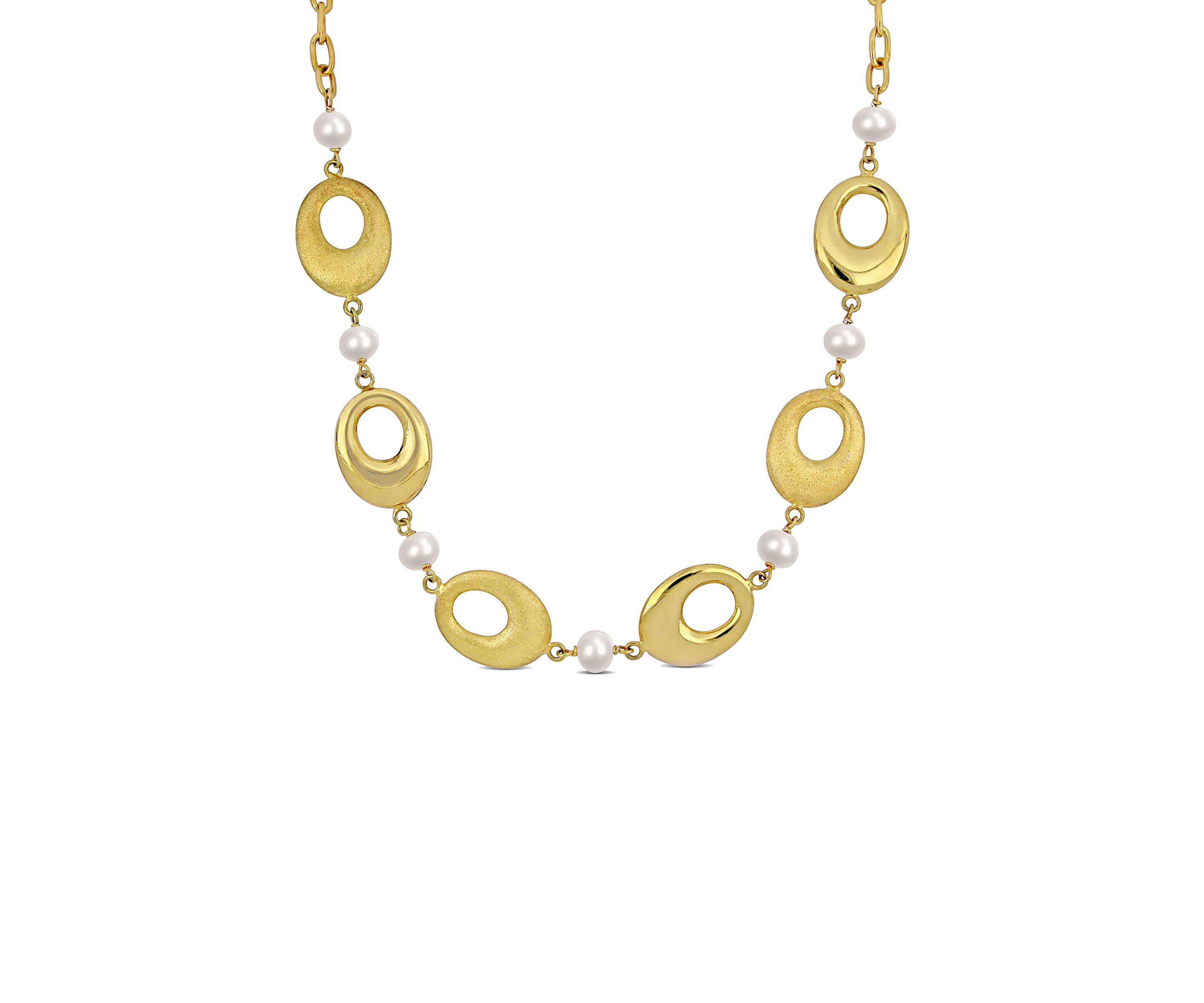 6-7mm Cultured Freshwater Pearl and Oval Disc Station Chain Necklace in 18k Yellow Gold Plated Sterling Silver