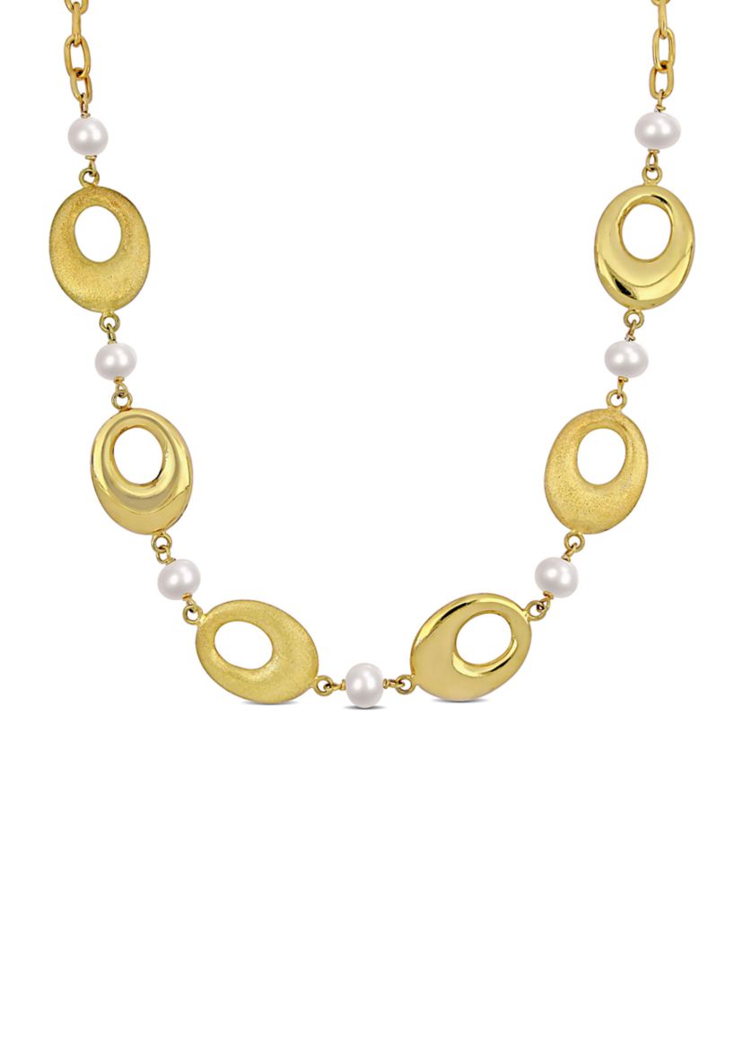 6-7mm Cultured Freshwater Pearl and Oval Disc Station Chain Necklace in 18k Yellow Gold Plated Sterling Silver