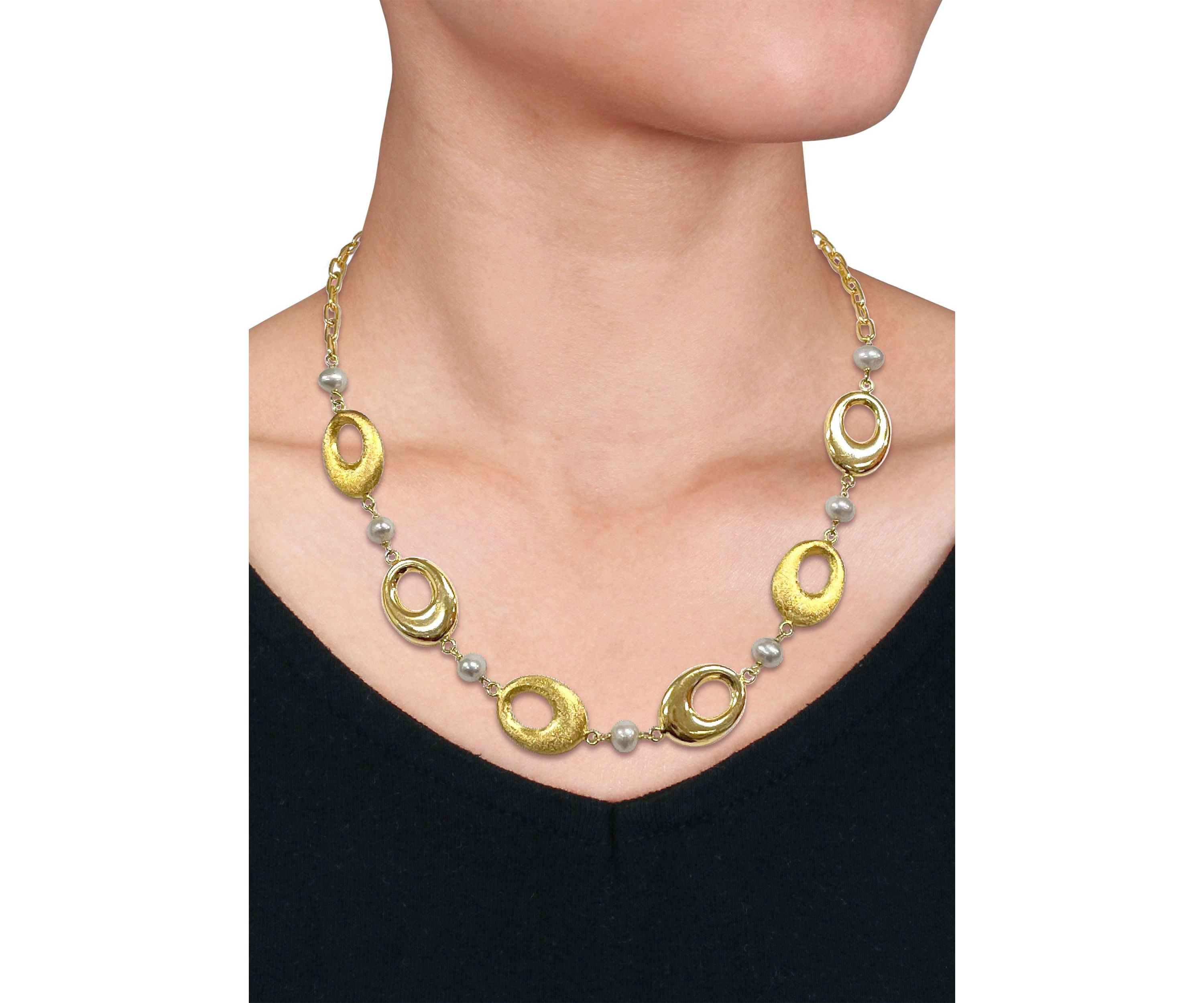 6-7mm Cultured Freshwater Pearl and Oval Disc Station Chain Necklace in 18k Yellow Gold Plated Sterling Silver